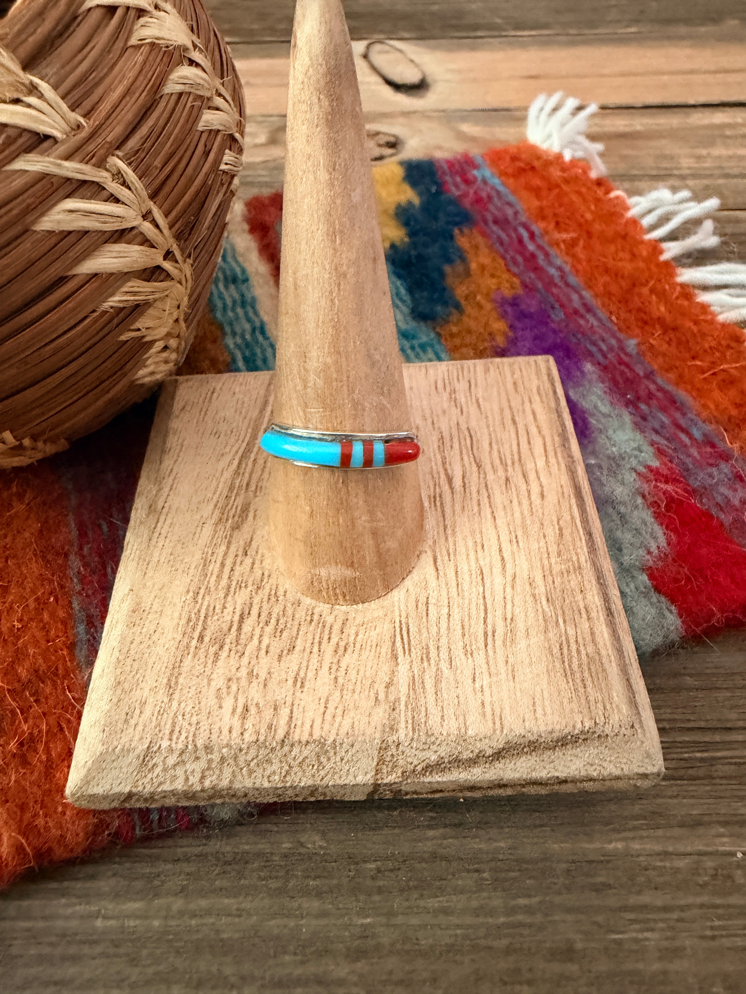 Old Pawn Handcrafted Turquoise, Coral & Sterling Silver Inlay Band Ring Size 9