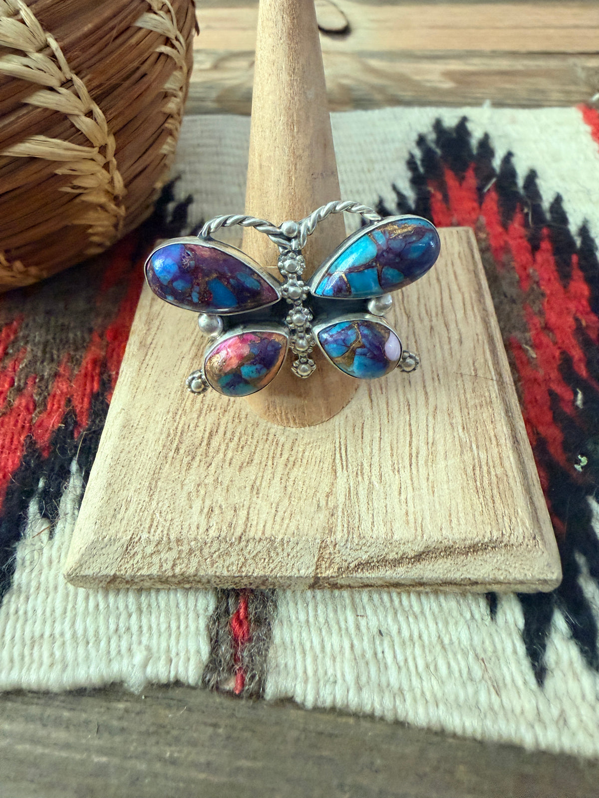 Handcrafted Pink Dream Mojave & Sterling Silver Adjustable Butterfly Ring