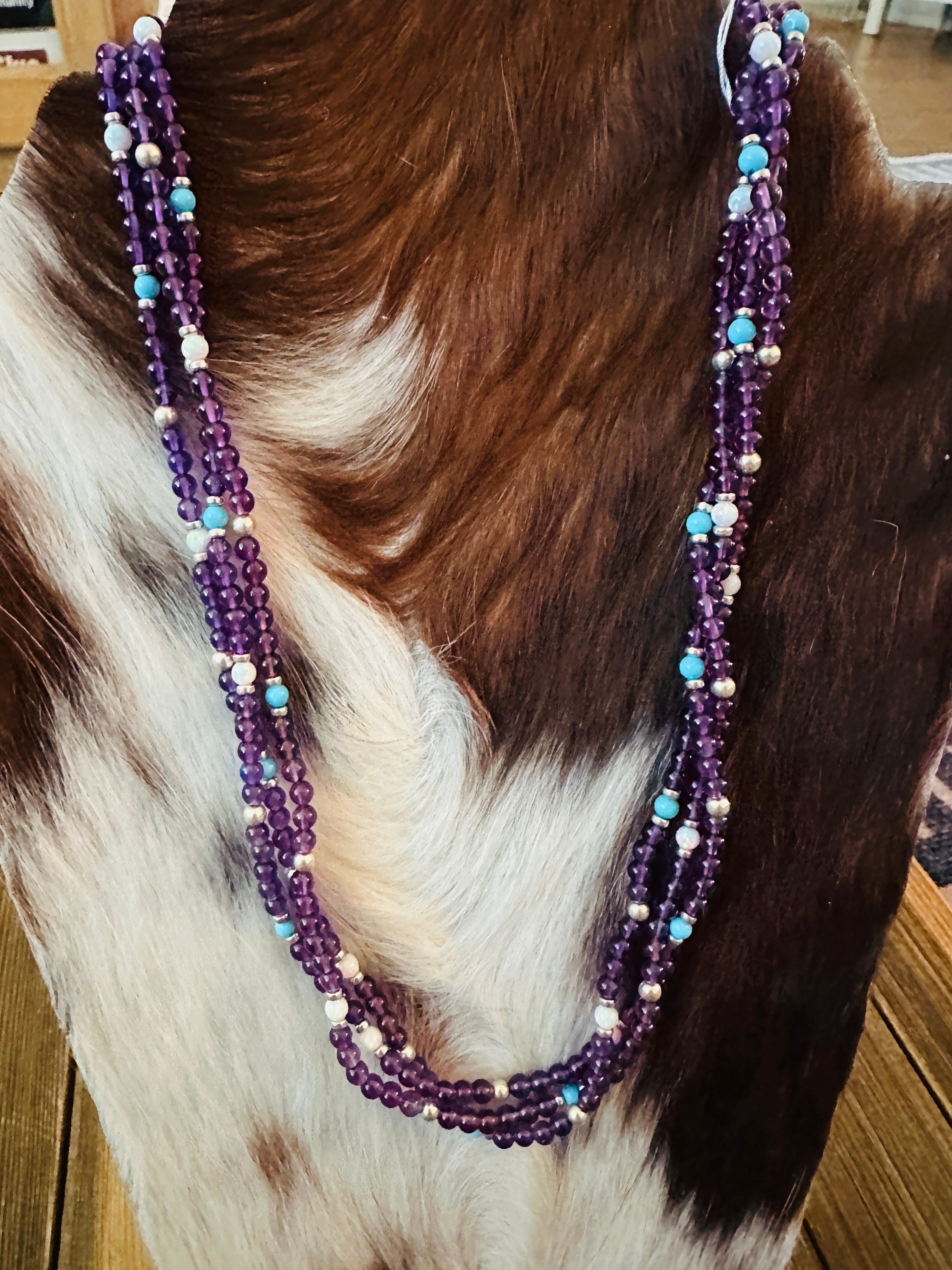 Handcrafted Amethyst, Opal, Turquoise & Sterling Silver Beaded Necklace