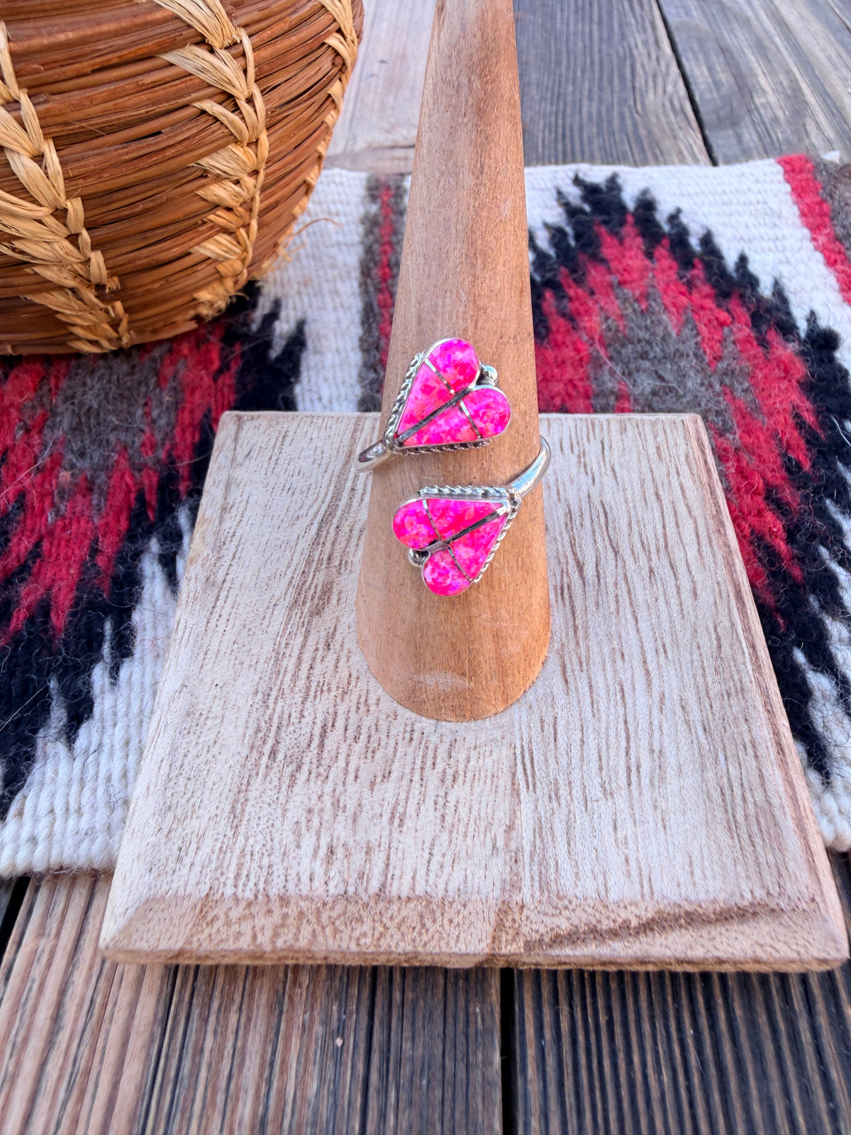 Handcrafted Pink Opal & Sterling Silver Inlay Heart Adjustable Ring