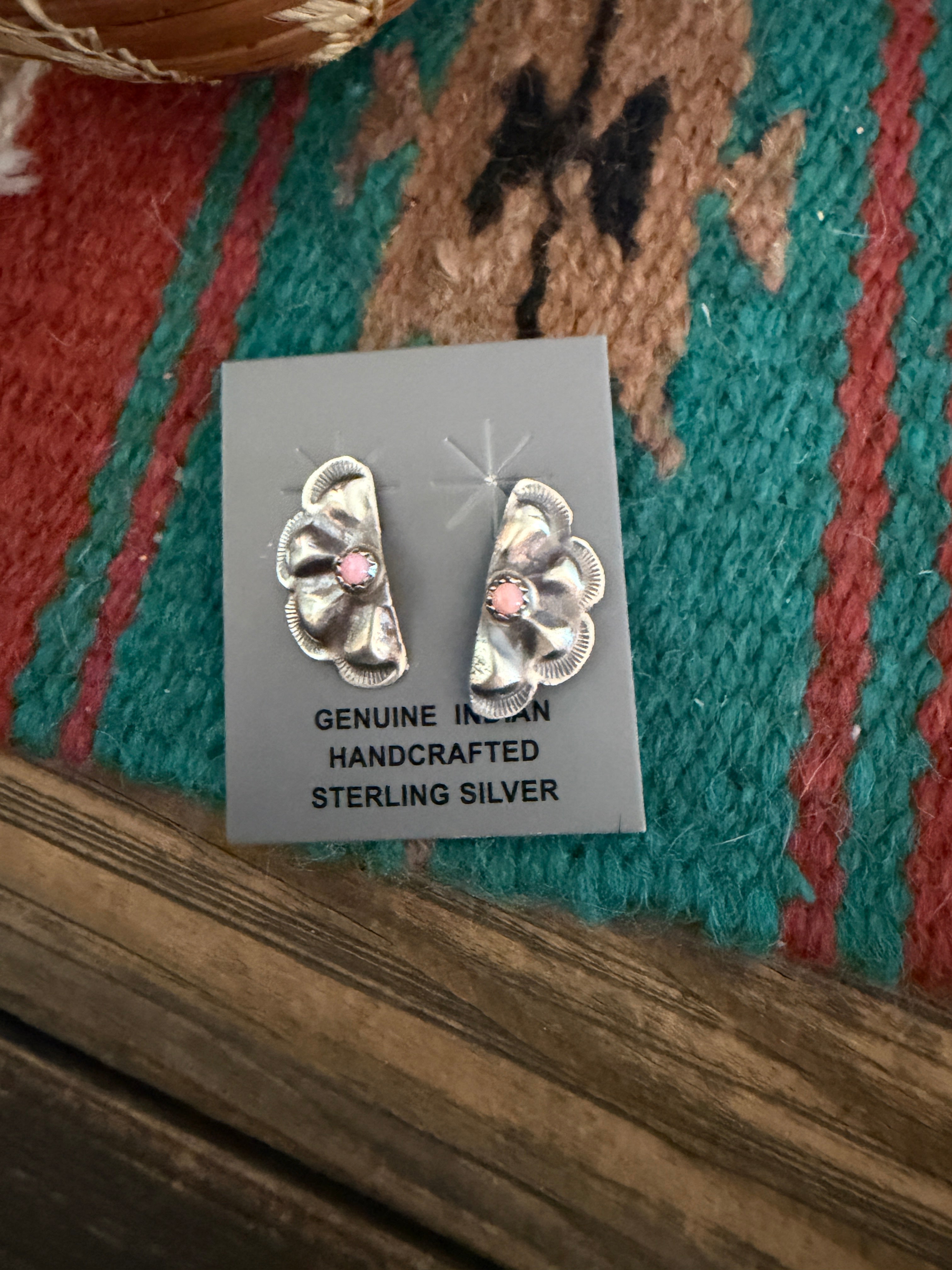 Handcrafted Queen Pink Conch & Sterling Silver Concho Post Earrings