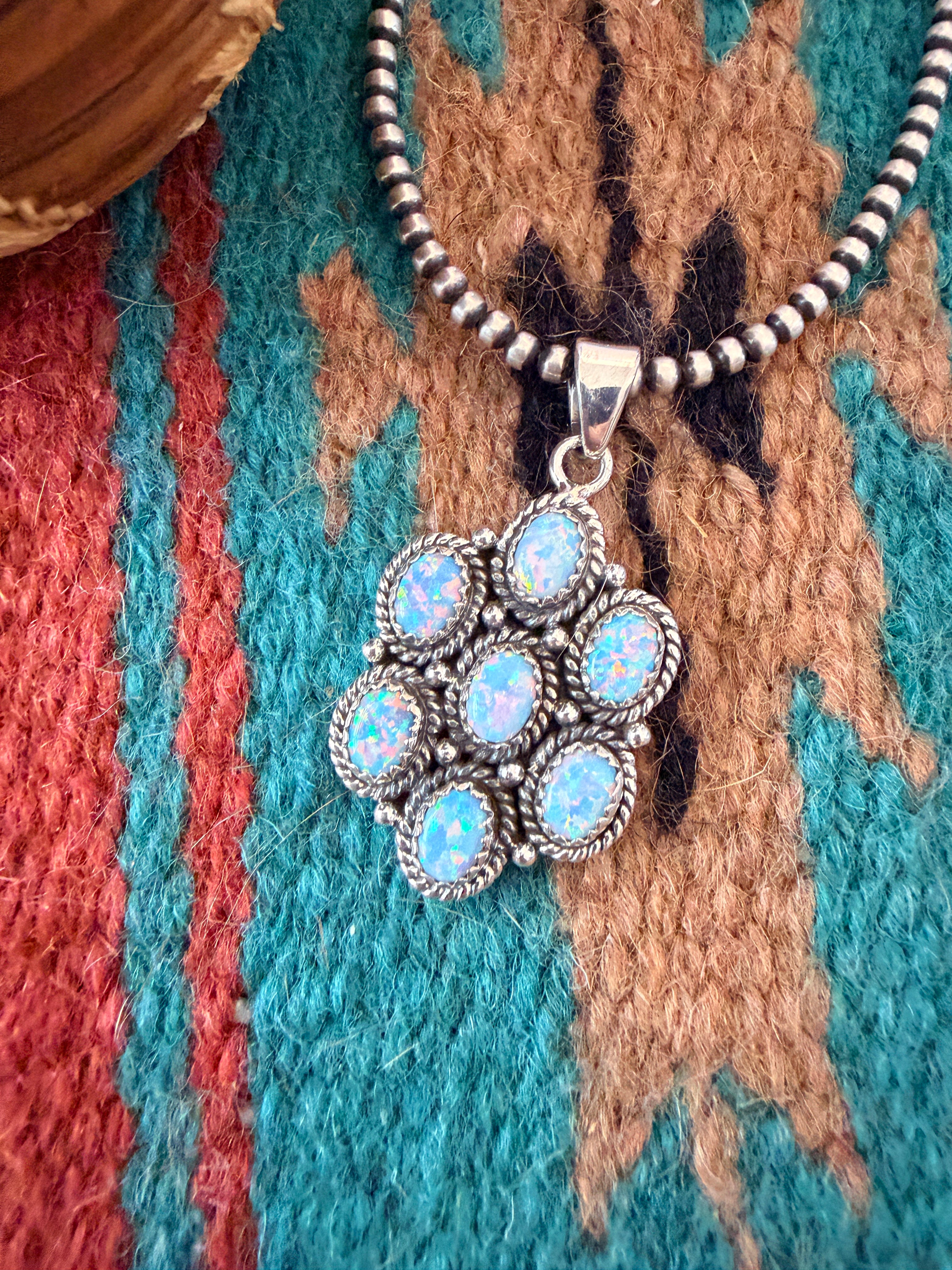 Handmade Sterling Silver & Opal Cluster Pendant Signed Nizhoni
