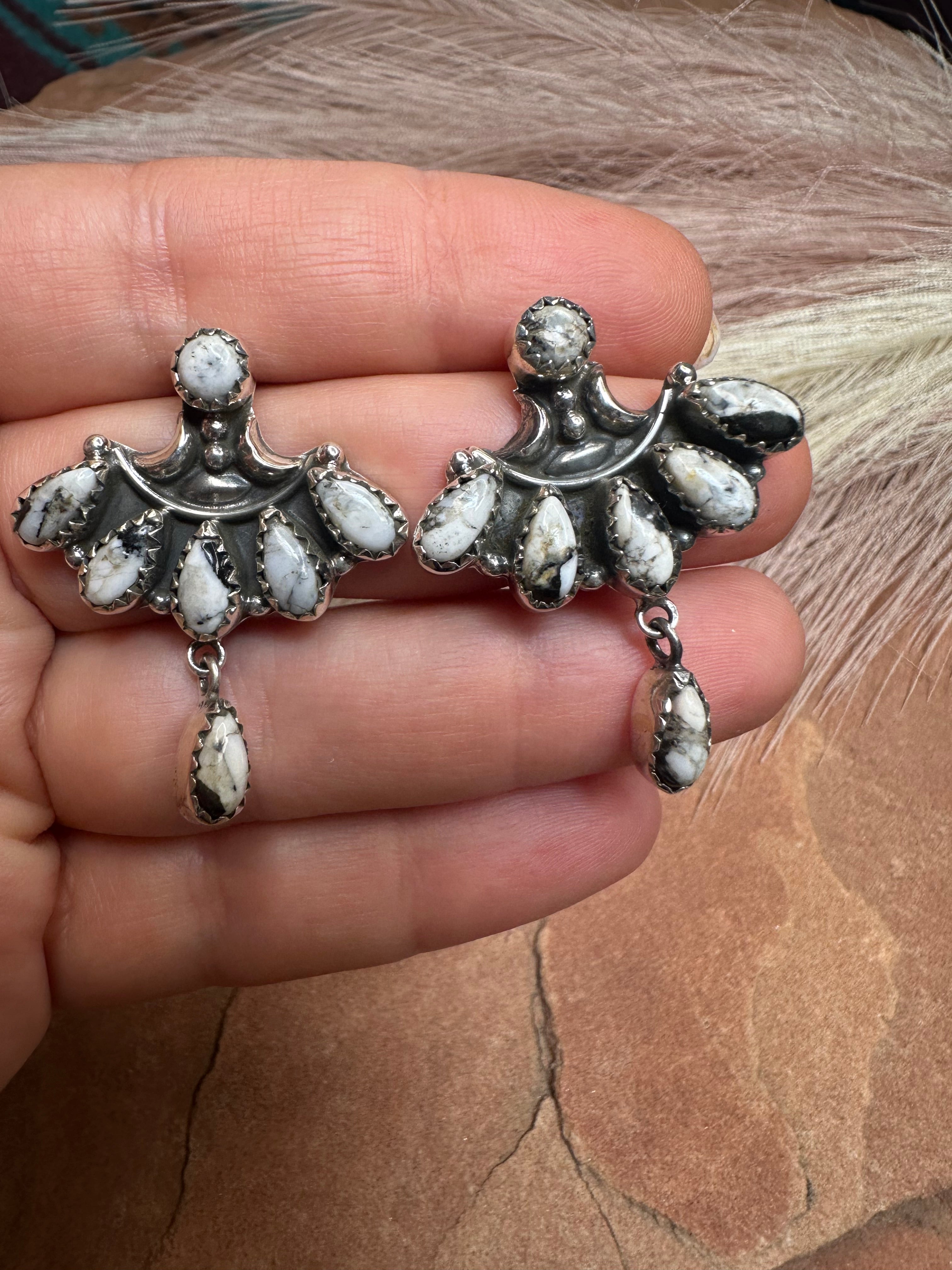 Handmade White Buffalo and Sterling Silver Post Dangle Earrings