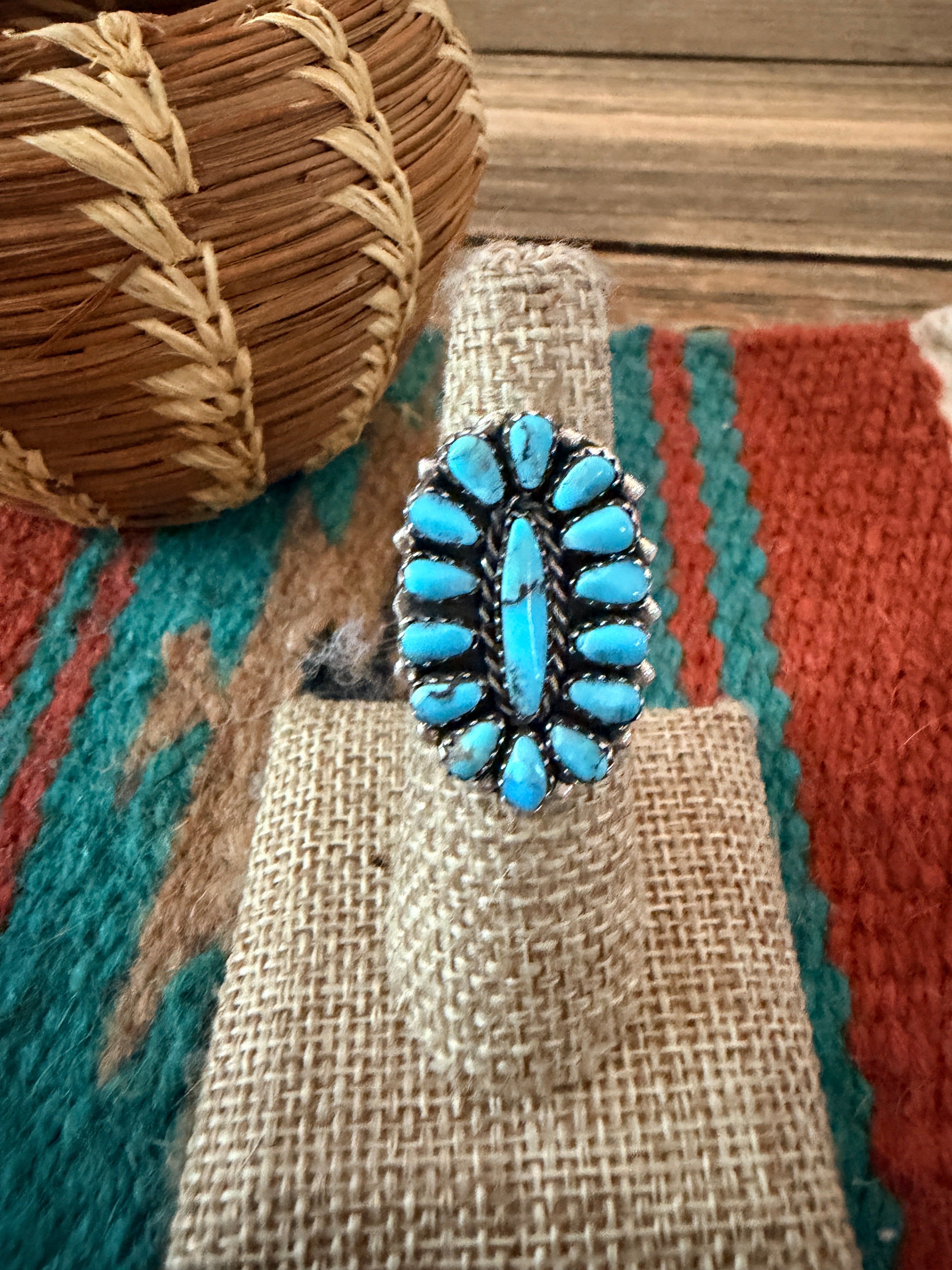 Handcrafted Turquoise & Sterling Silver Cluster Ring by Leander Nez