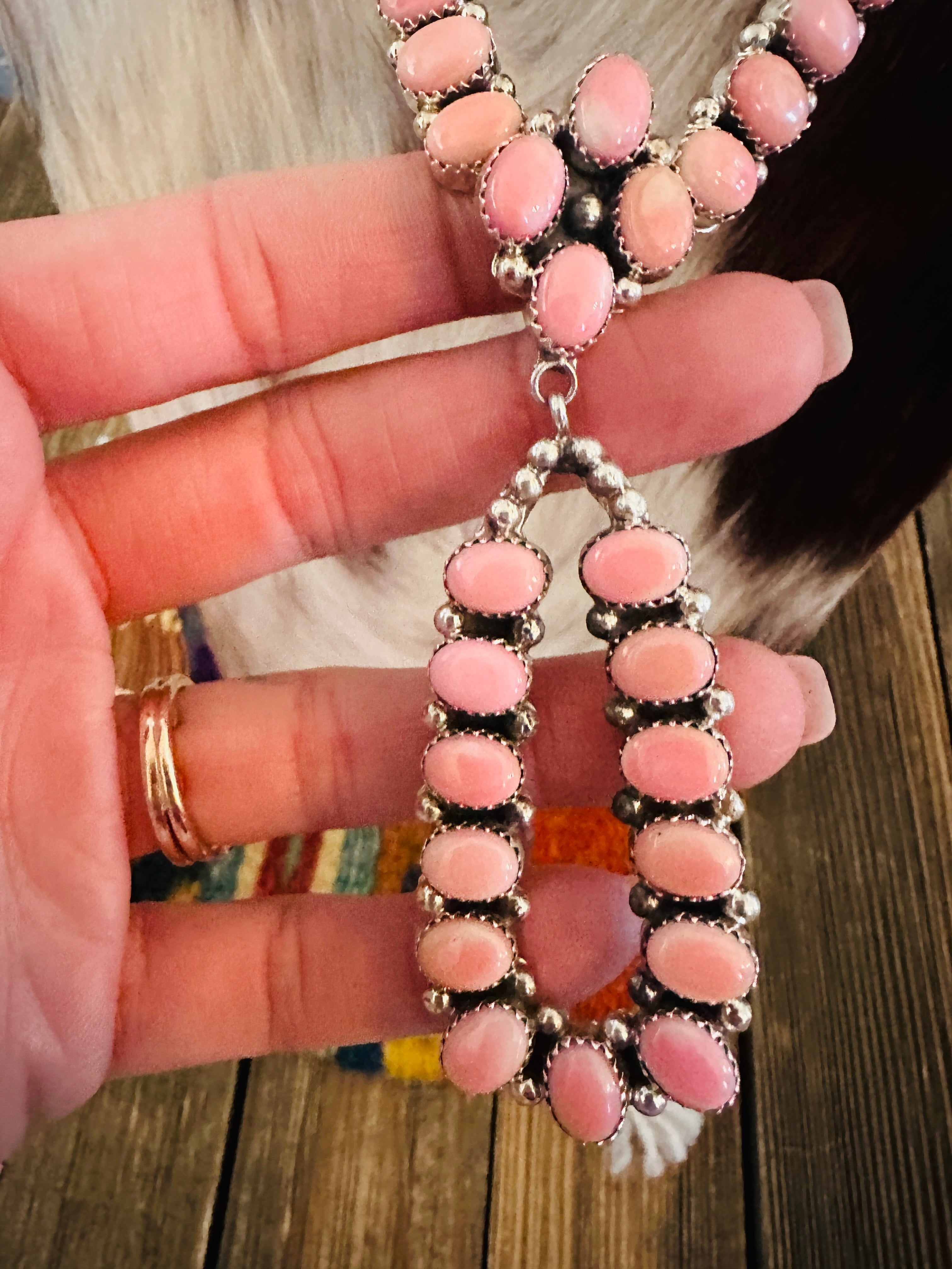 Handcrafted Queen Pink Conch & Sterling Silver Cluster Necklace
