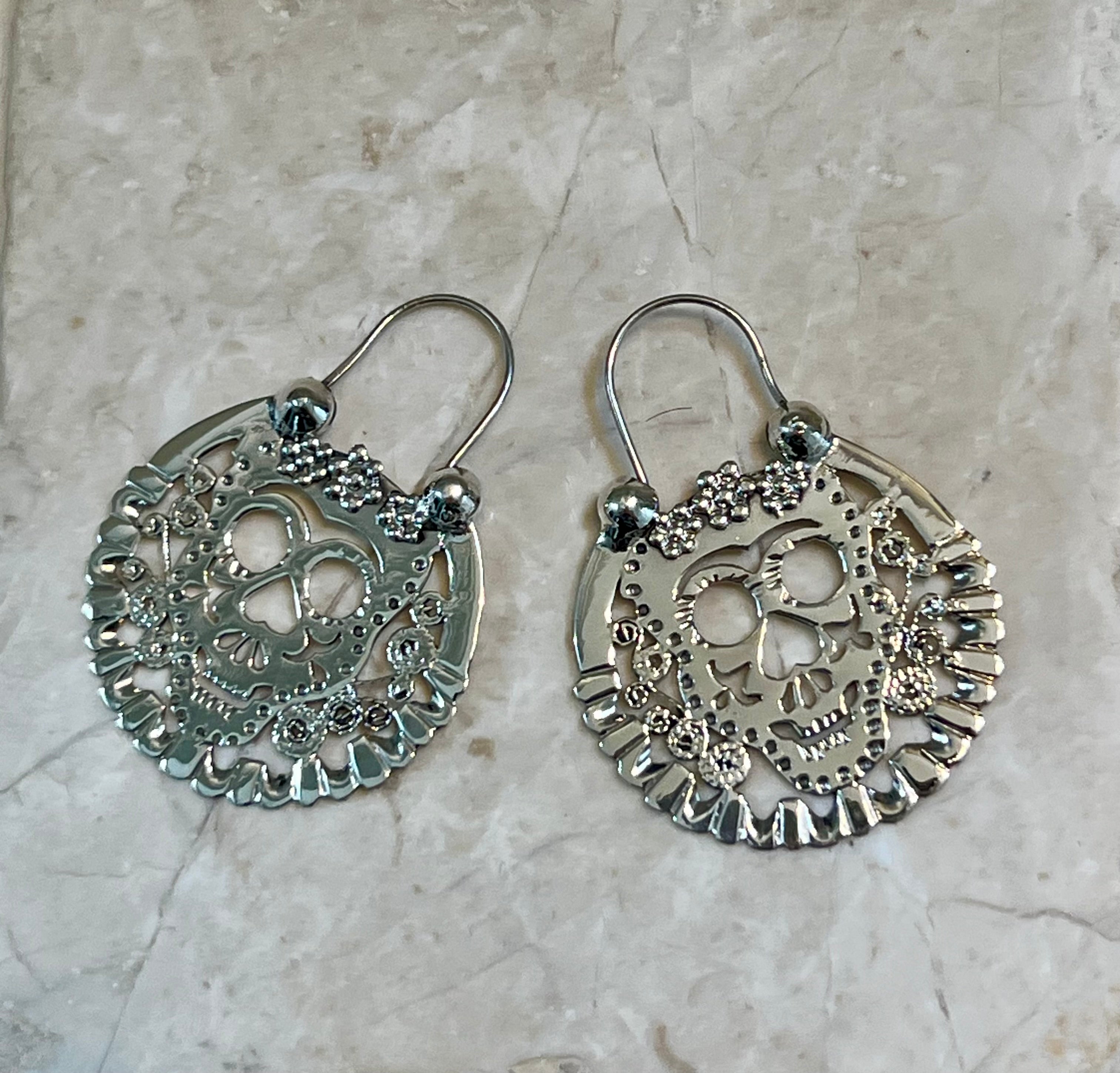 Pierced Sugar Skull on Arc Hook Sterling Silver Earrings