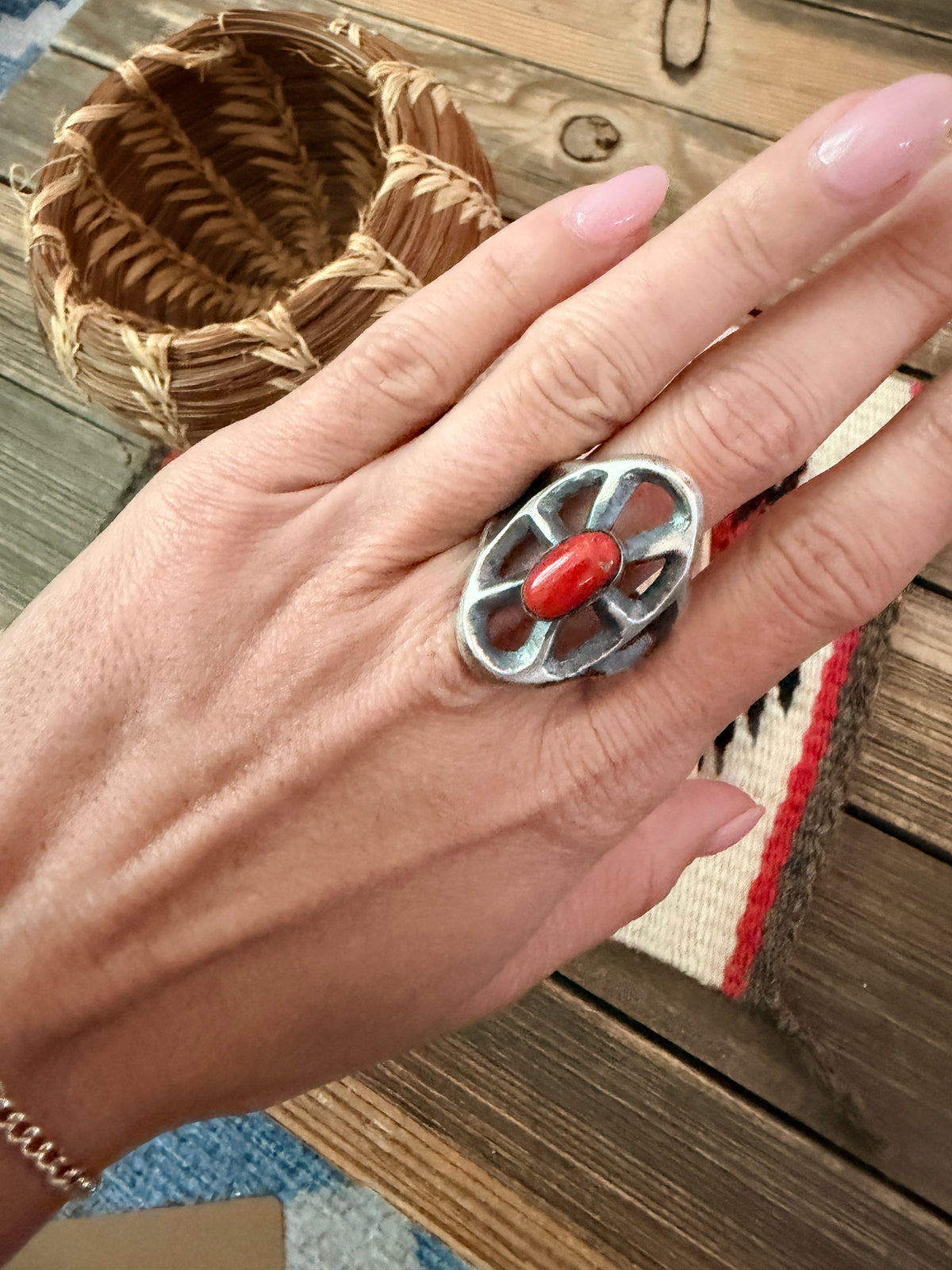 Handcrafted Coral and Sterling Silver Ring size 11 by Chimney Butte
