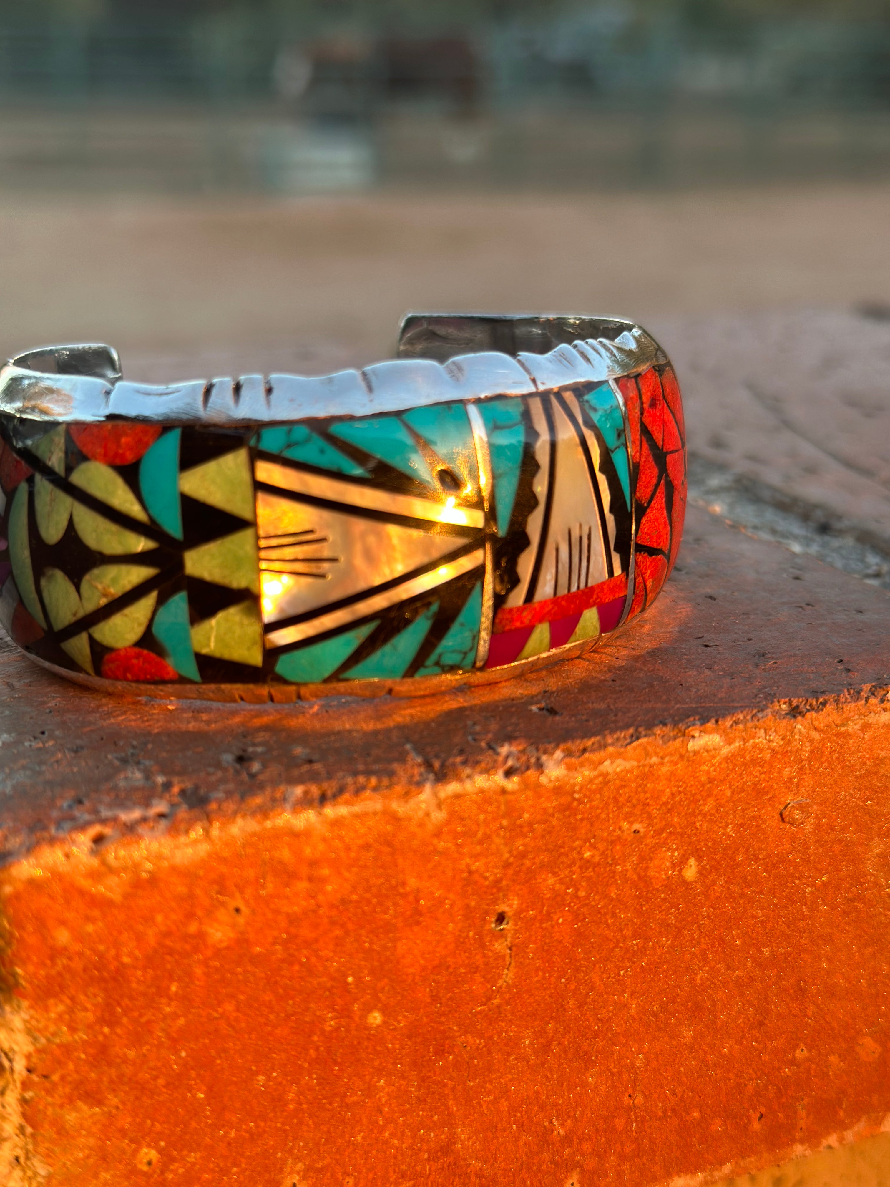 Handmade Sterling Silver Multi Stone Mosaic  Inlay Cuff