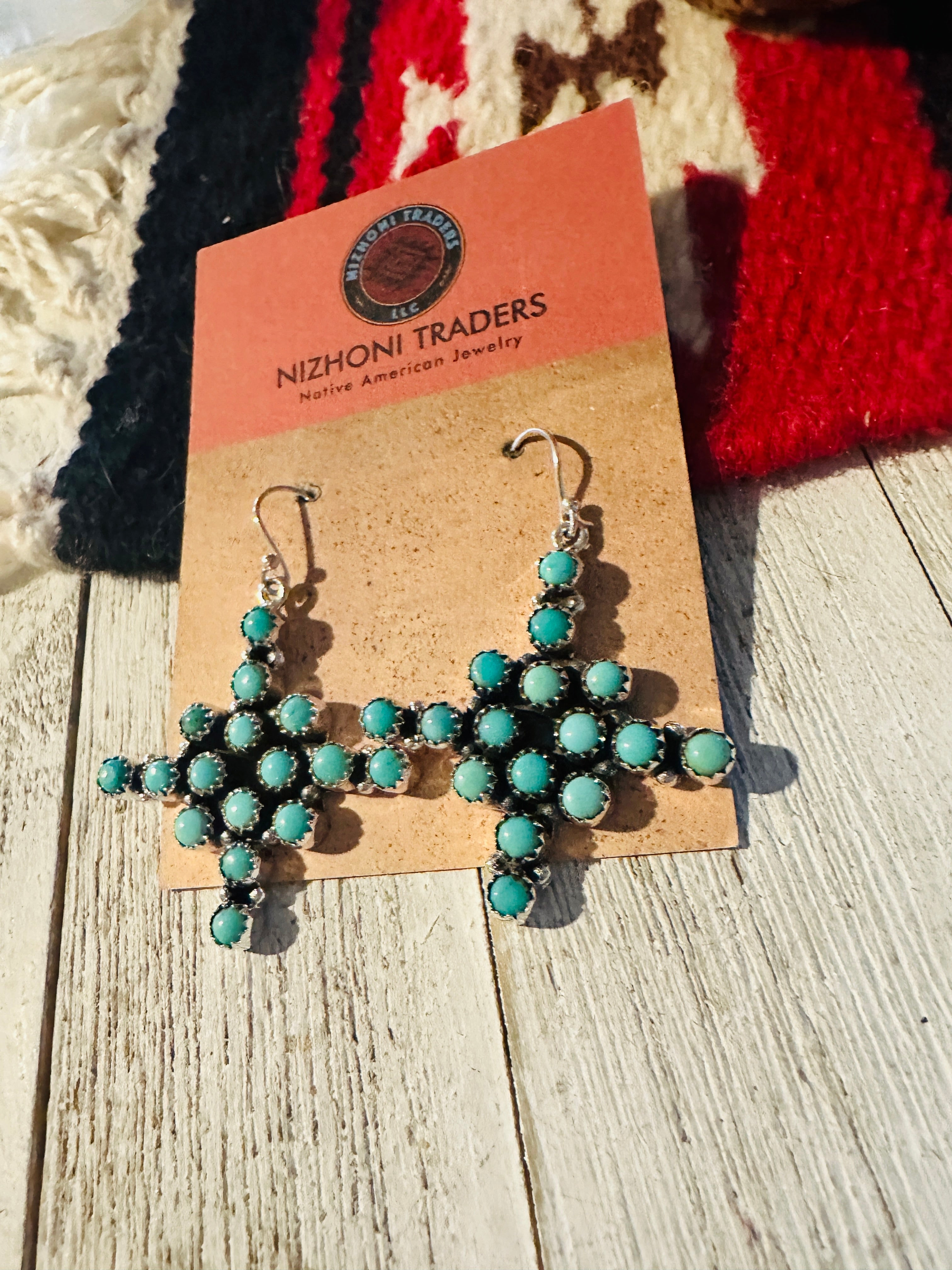 Handmade Turquoise & Sterling Silver Cross Wire Dangle Earrings Signed Nizhoni