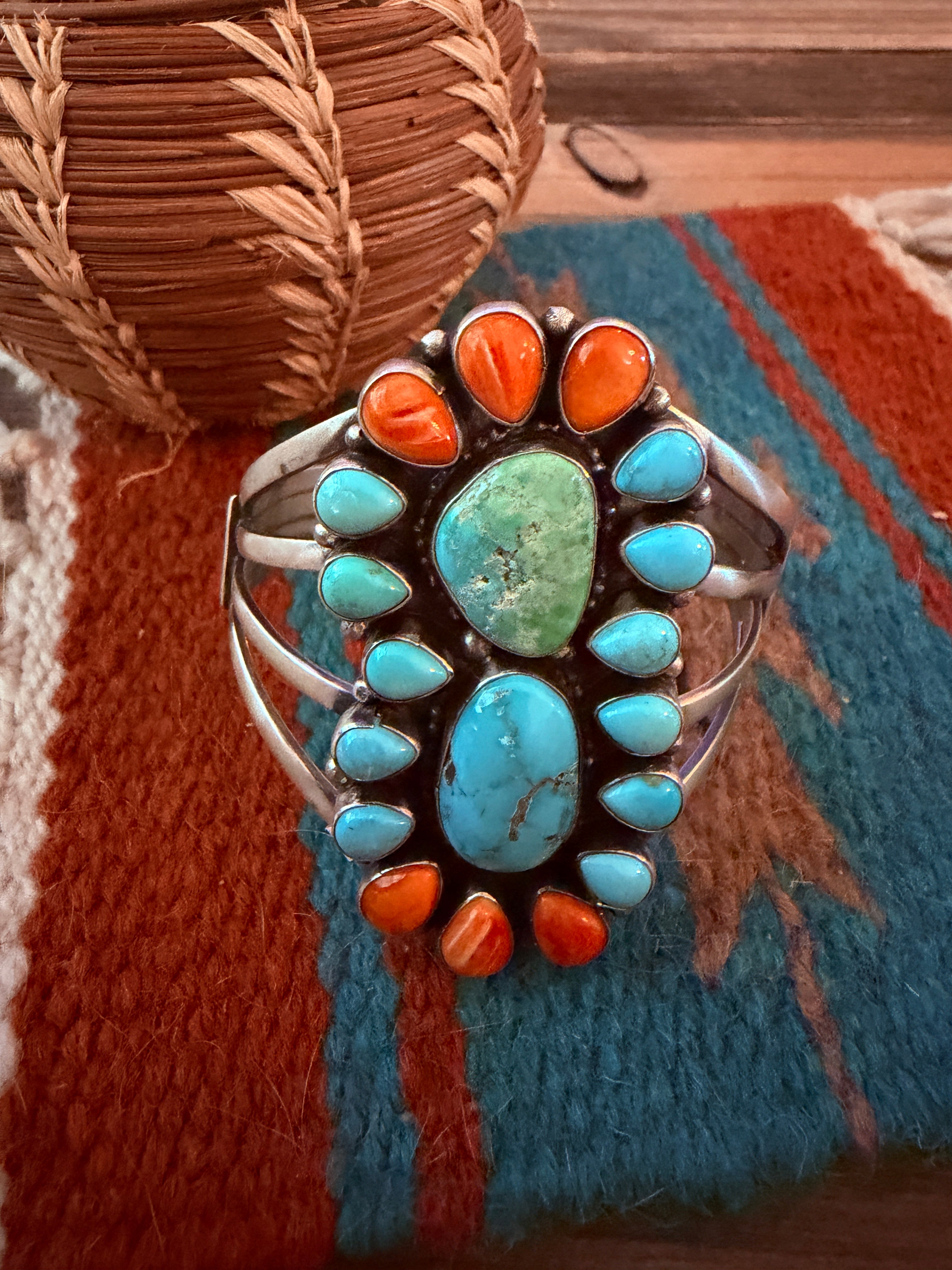 Handcrafted Turquoise, Orange Spiny & Sterling Silver Cuff Bracelet by Sheila Becenti
