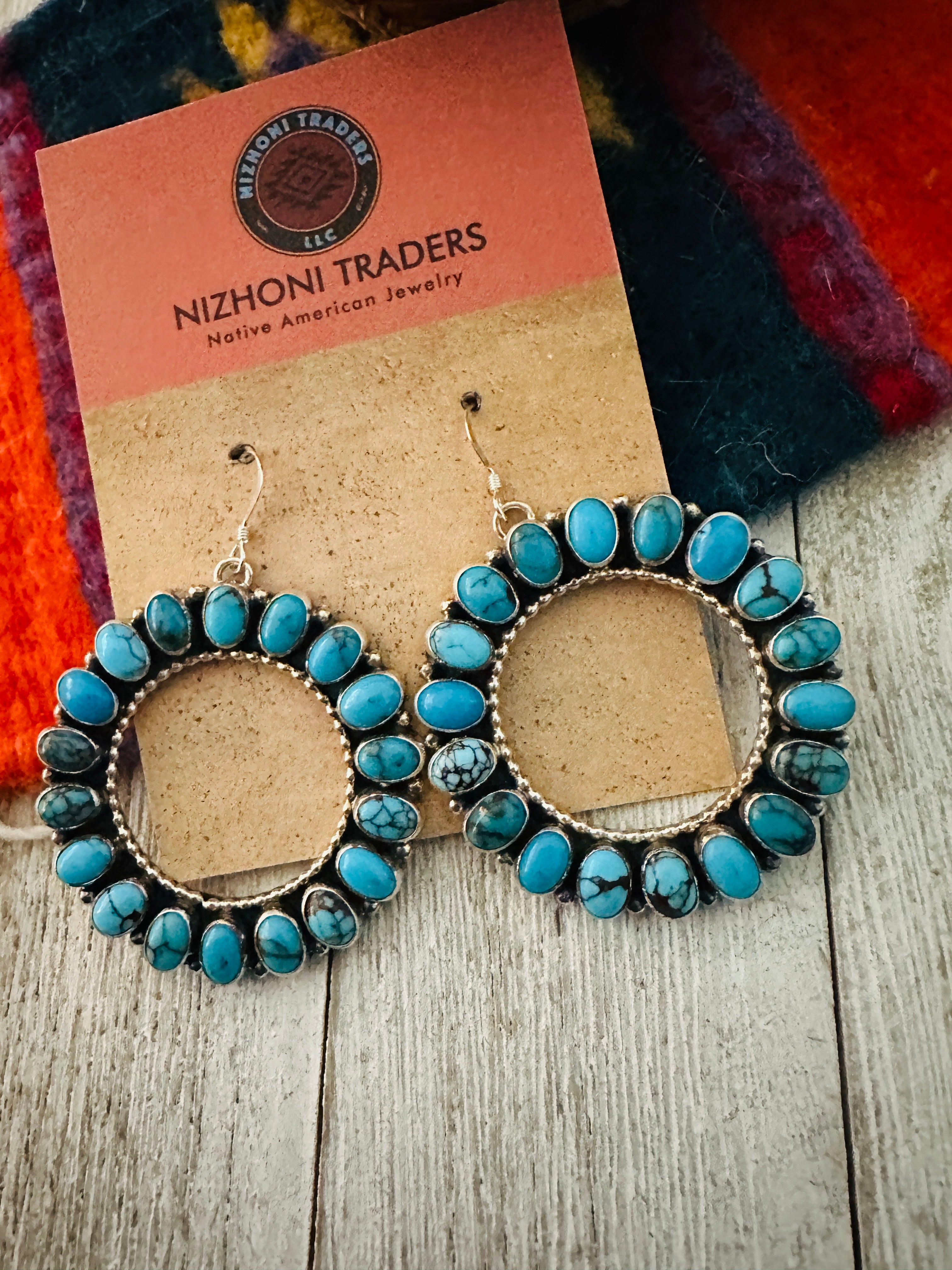 Navajo Sterling Silver & Turquoise Cluster Dangle Hoop Earrings