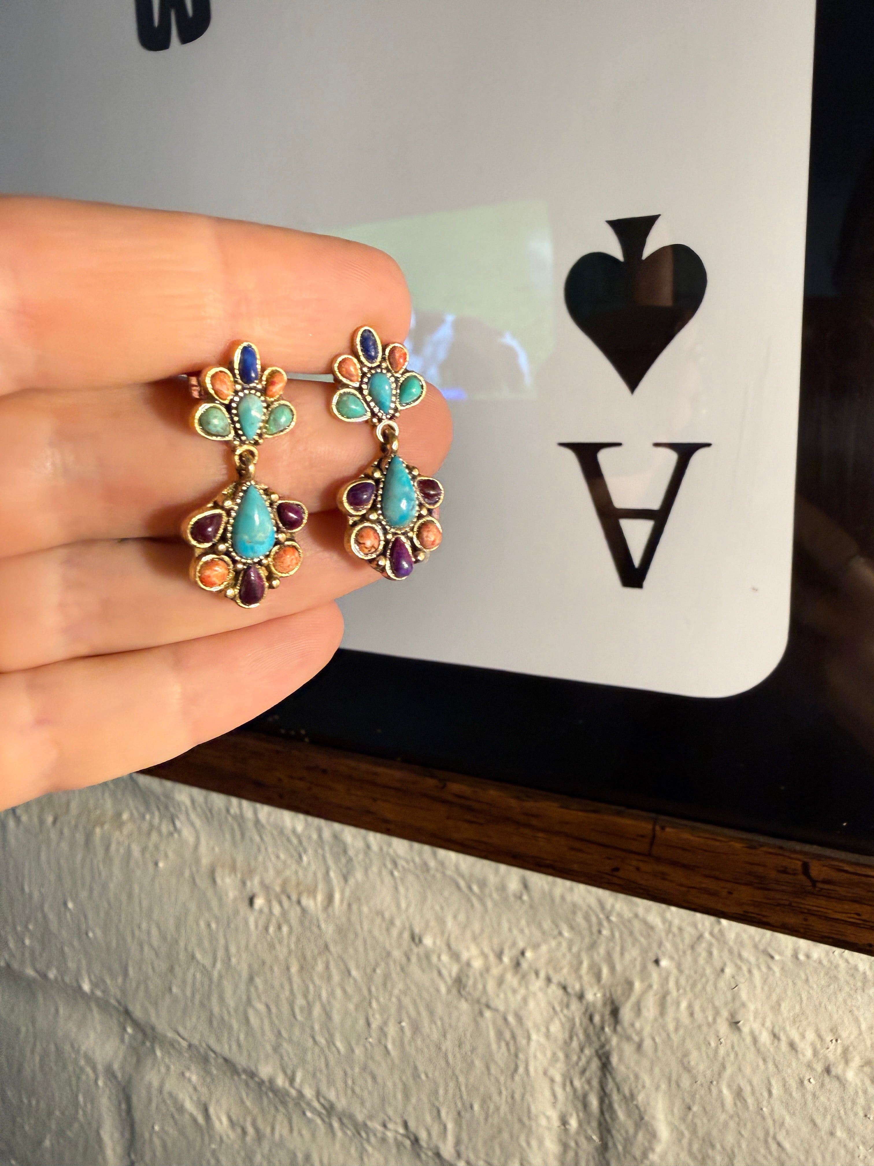 “The Golden Collection” Handmade Gold Plated Sterling Silver, Lapis, Orange Sponge Coral & Turquoise Post Dangle Earrings