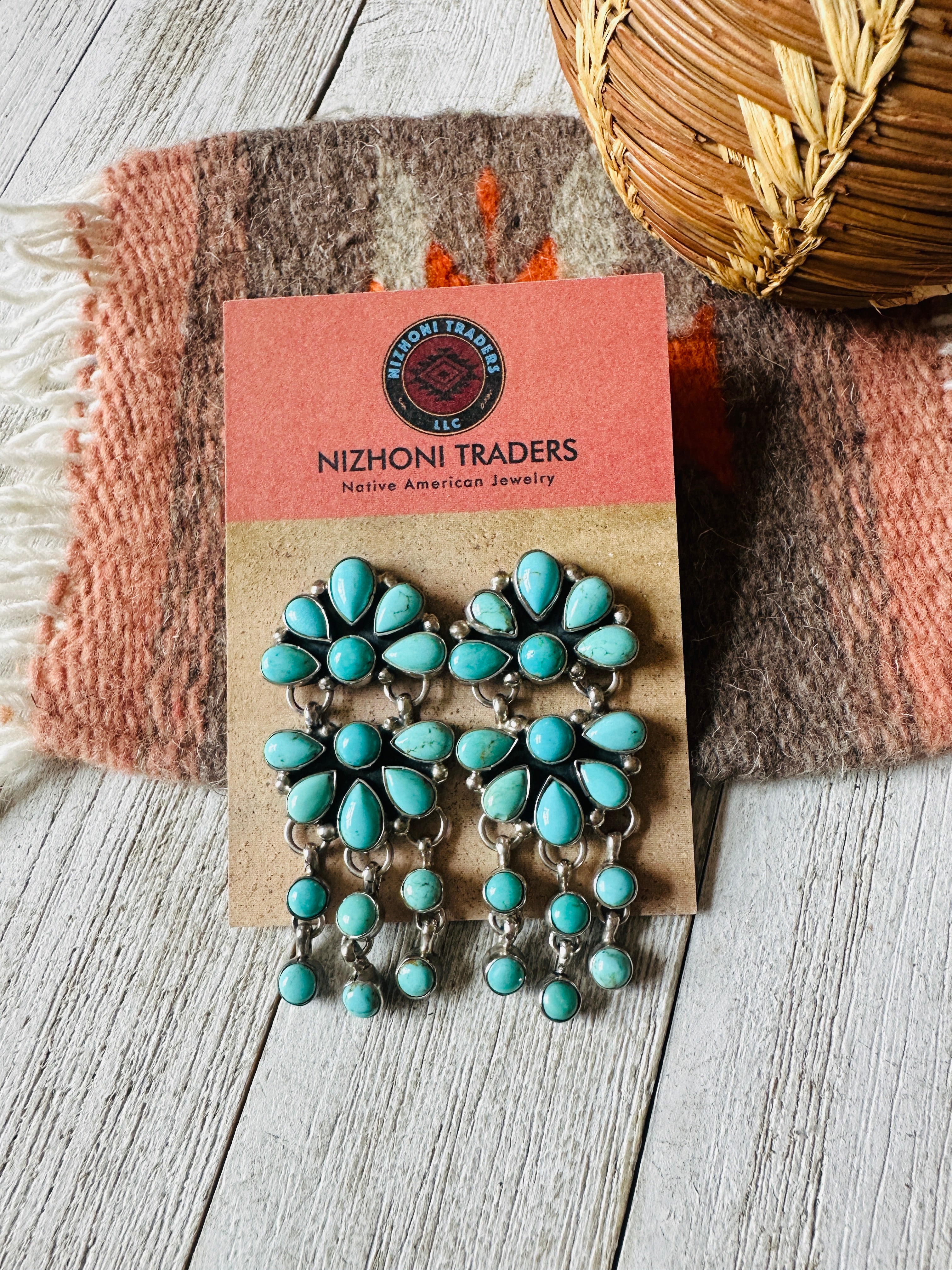 Navajo Turquoise & Sterling Silver Cluster Dangle Earrings