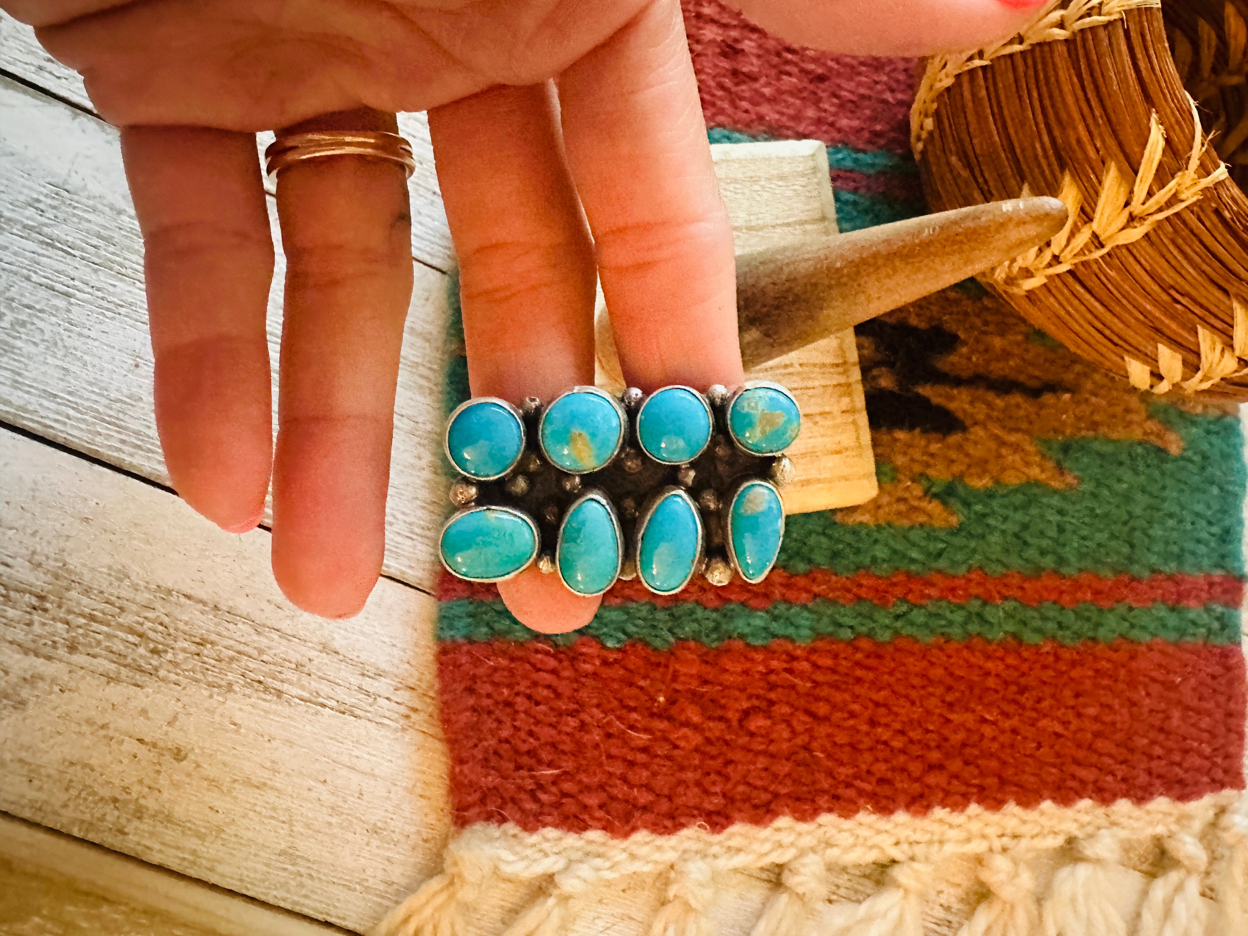 Navajo Sterling Silver & Kingman Turquoise Ring Size 8