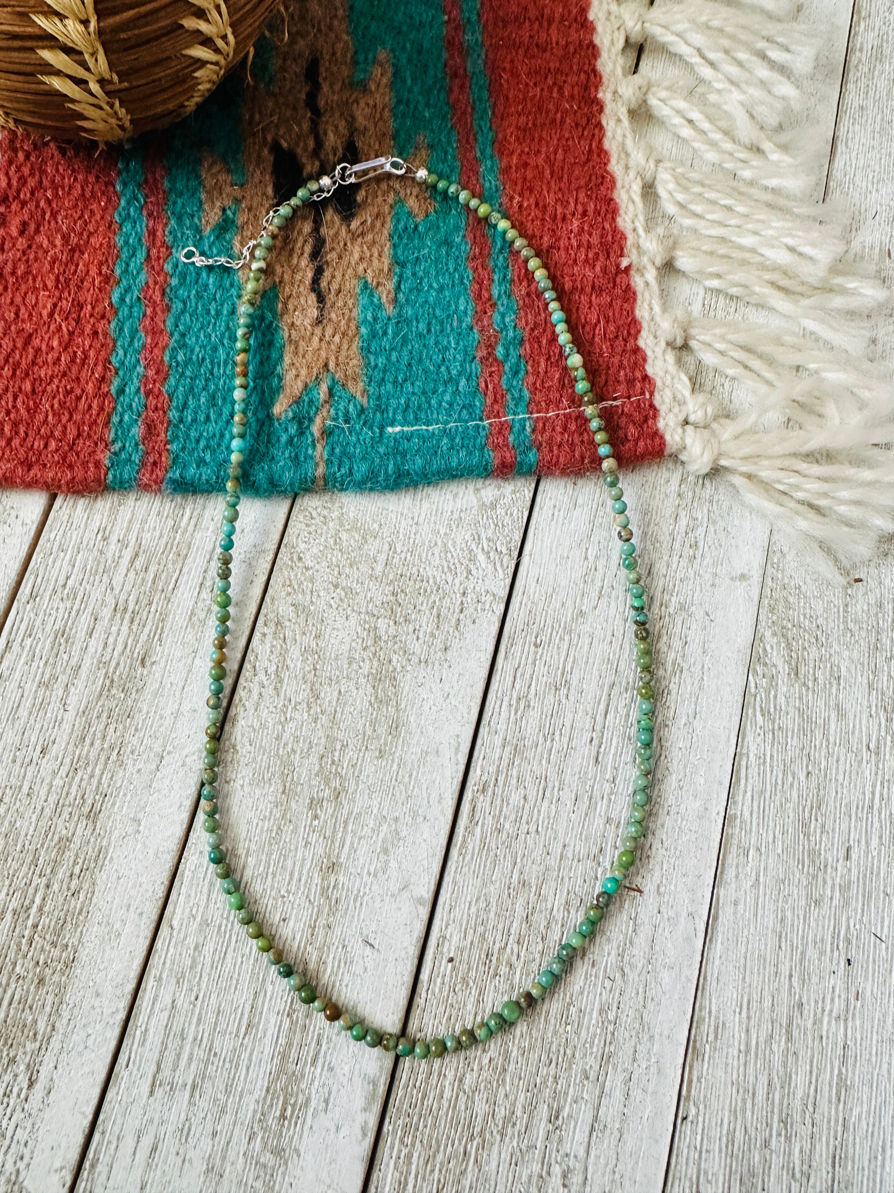 Handcrafted Turquoise & Sterling Silver Beaded Necklace W/ Extender