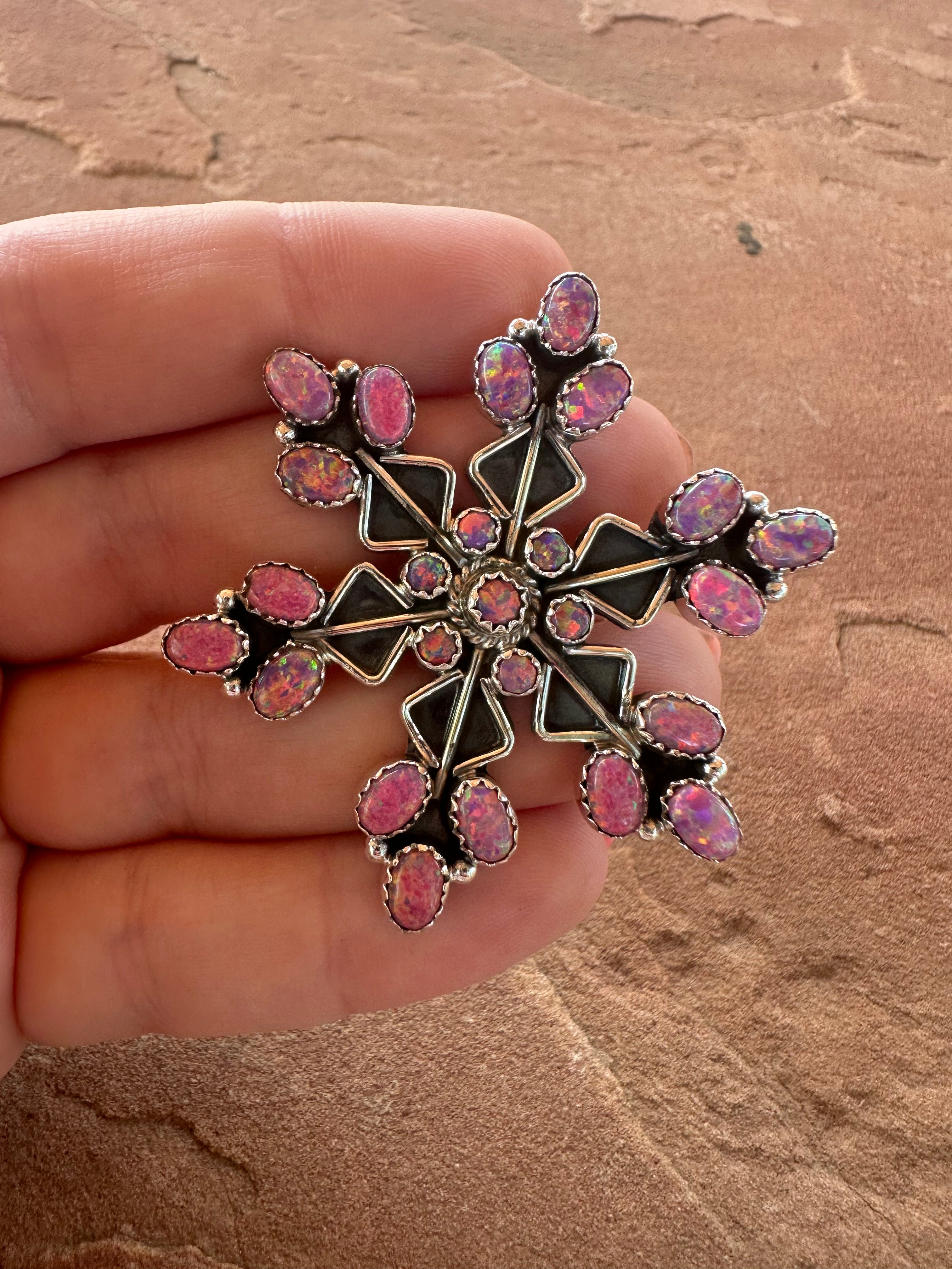 Beautiful Handmade Pink Fire Opal And Sterling Silver Adjustable Snowflake Ring