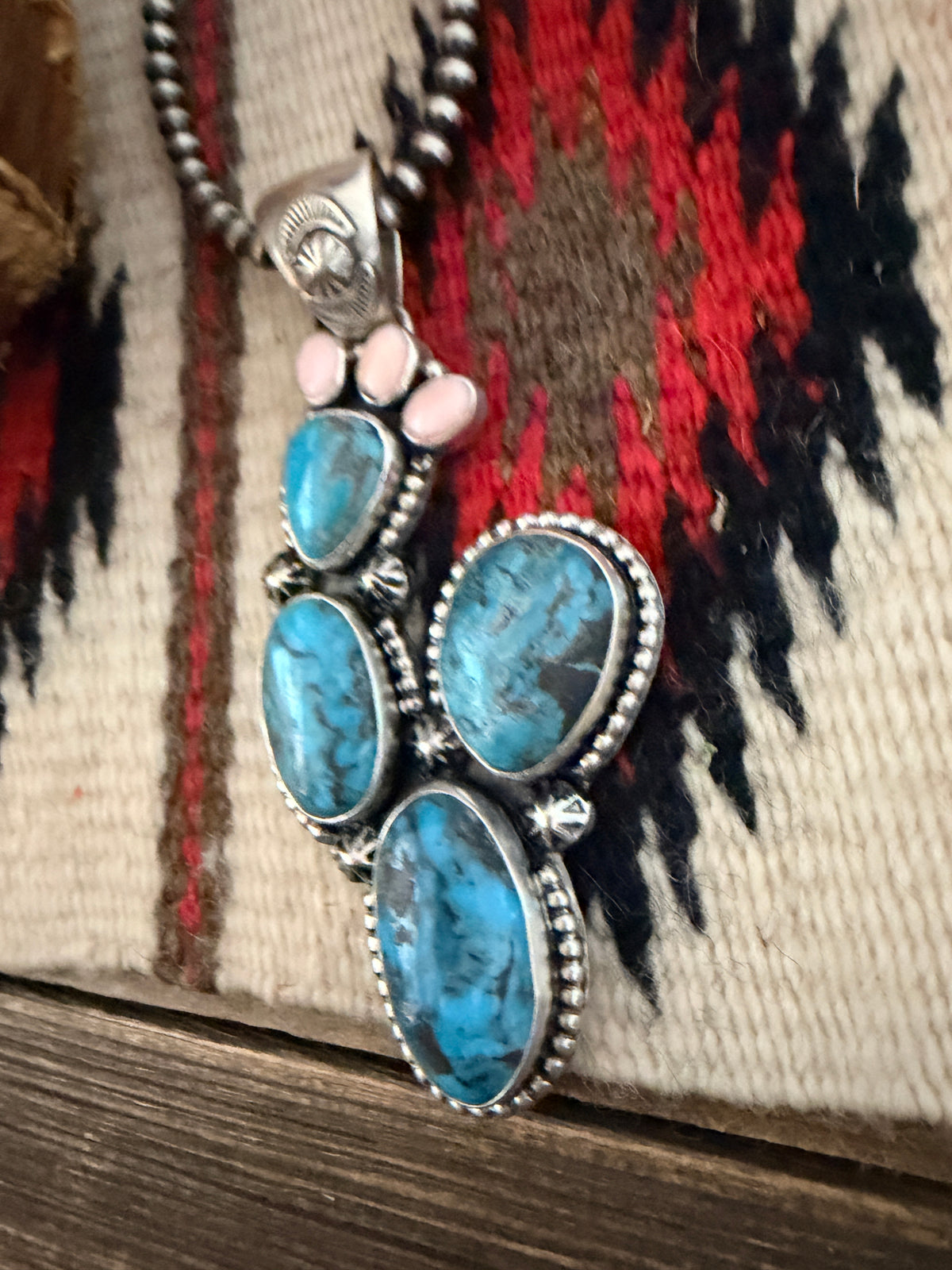 Handcrafted Sterling Silver, Turquoise & Queen Pink Conch Cactus Pendant by Larry Kaye