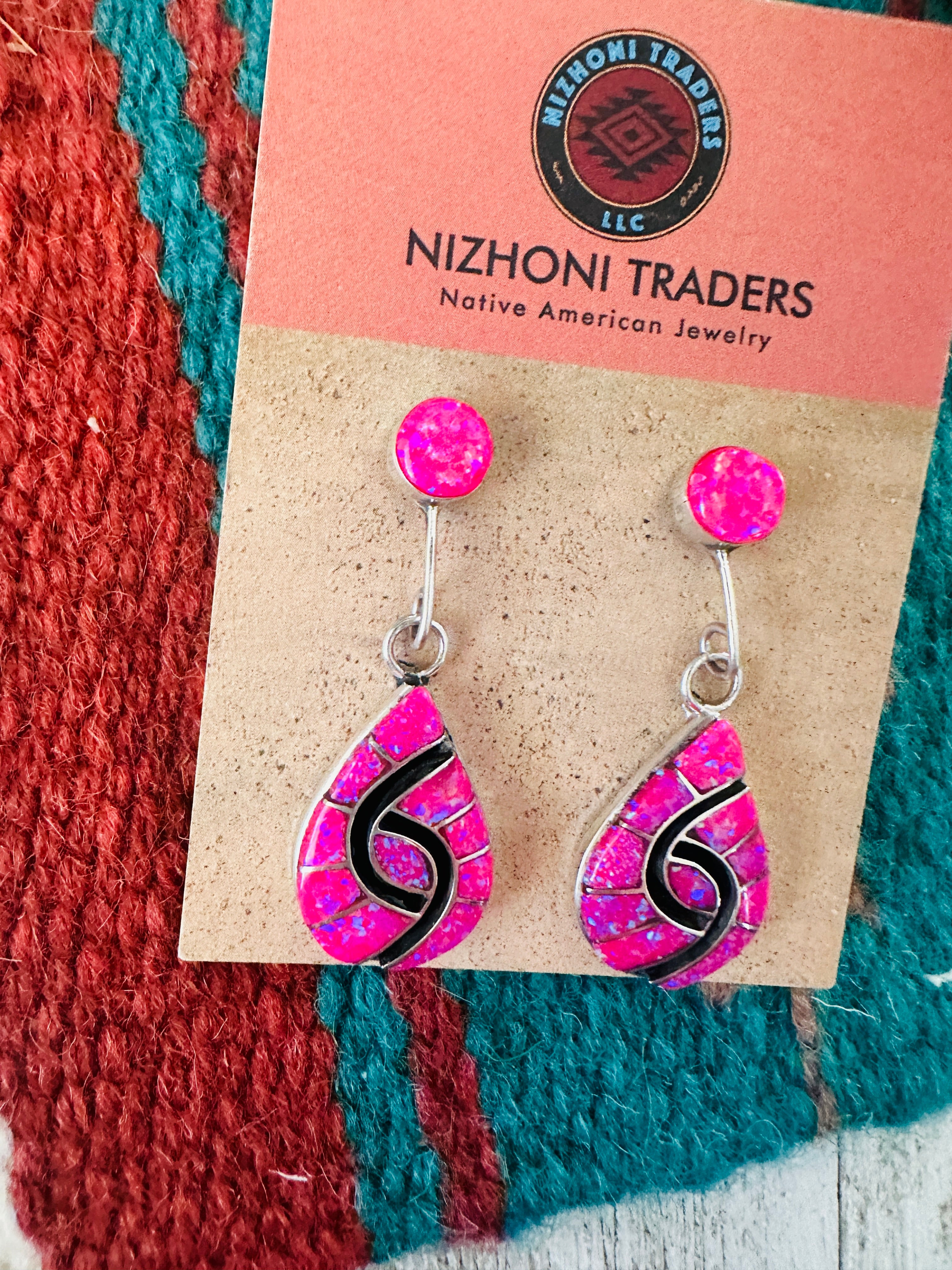 Zuni Pink Opal, Onyx & Sterling Silver Inlay Dangle Earrings