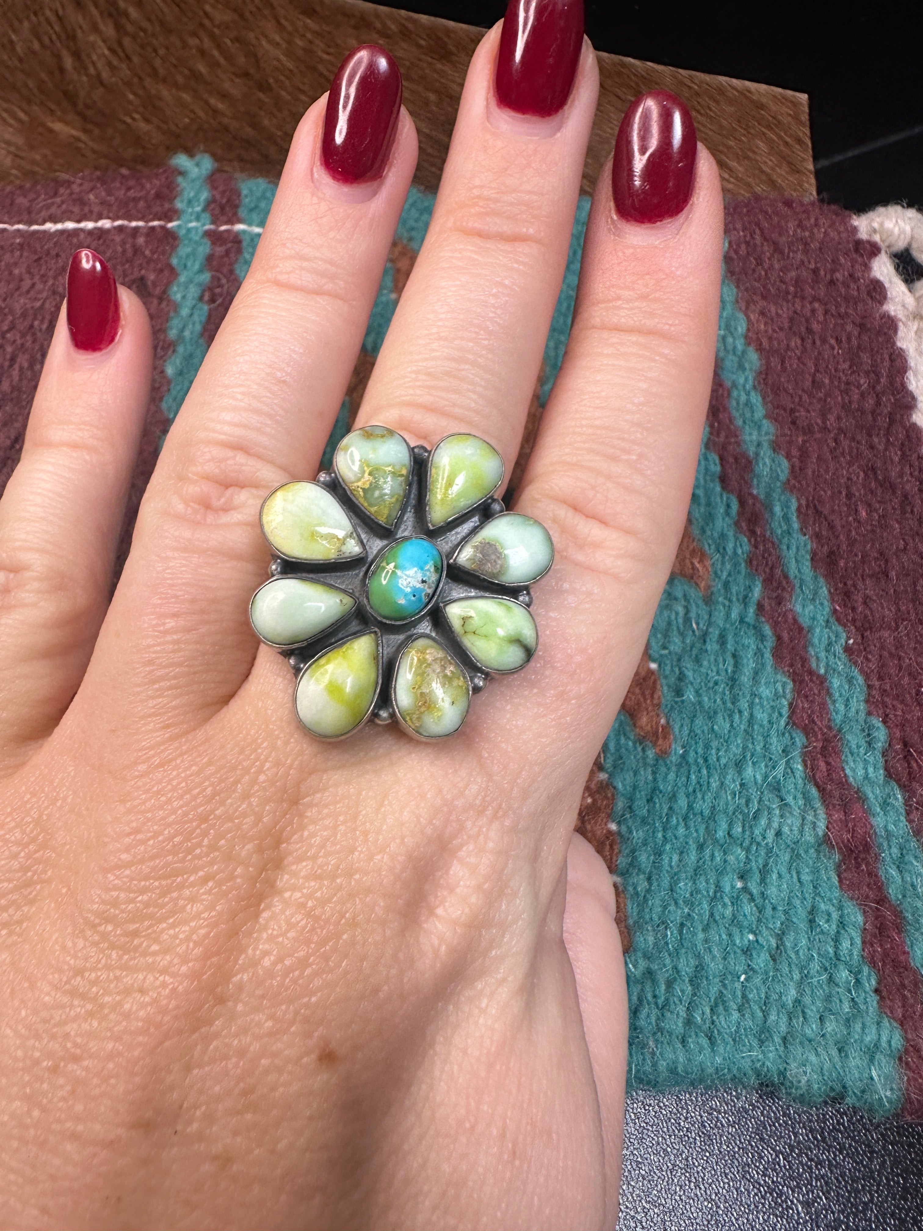 Nizhoni Handmade Palomino Turquoise, Sonoran Mountain Turquoise Sterling Silver Flower Cluster Ring