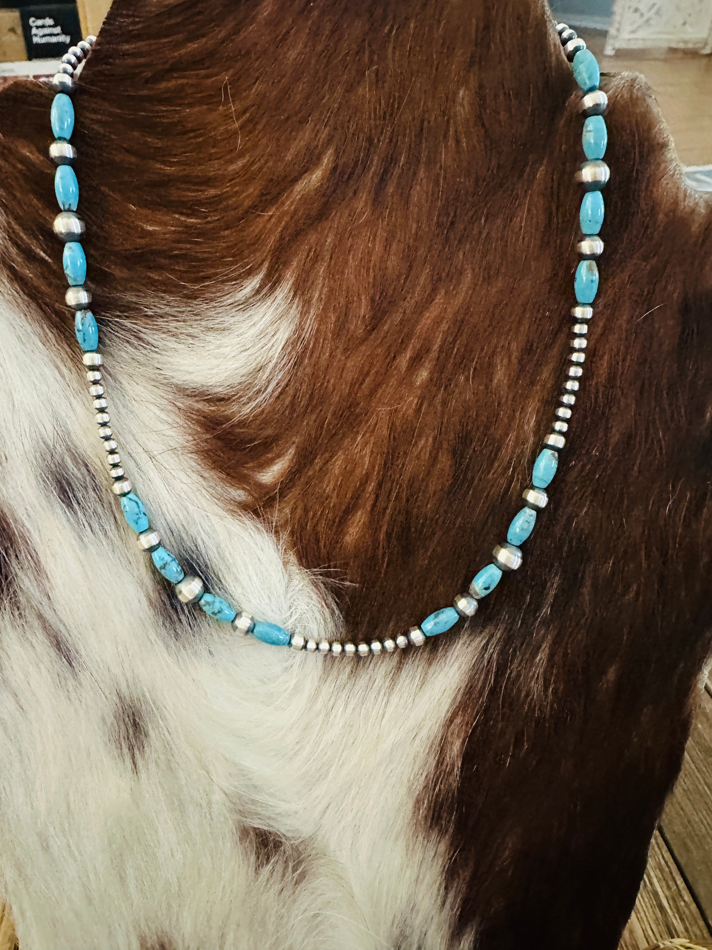 Handcrafted Turquoise & Sterling Silver Pearl 16” Beaded Necklace