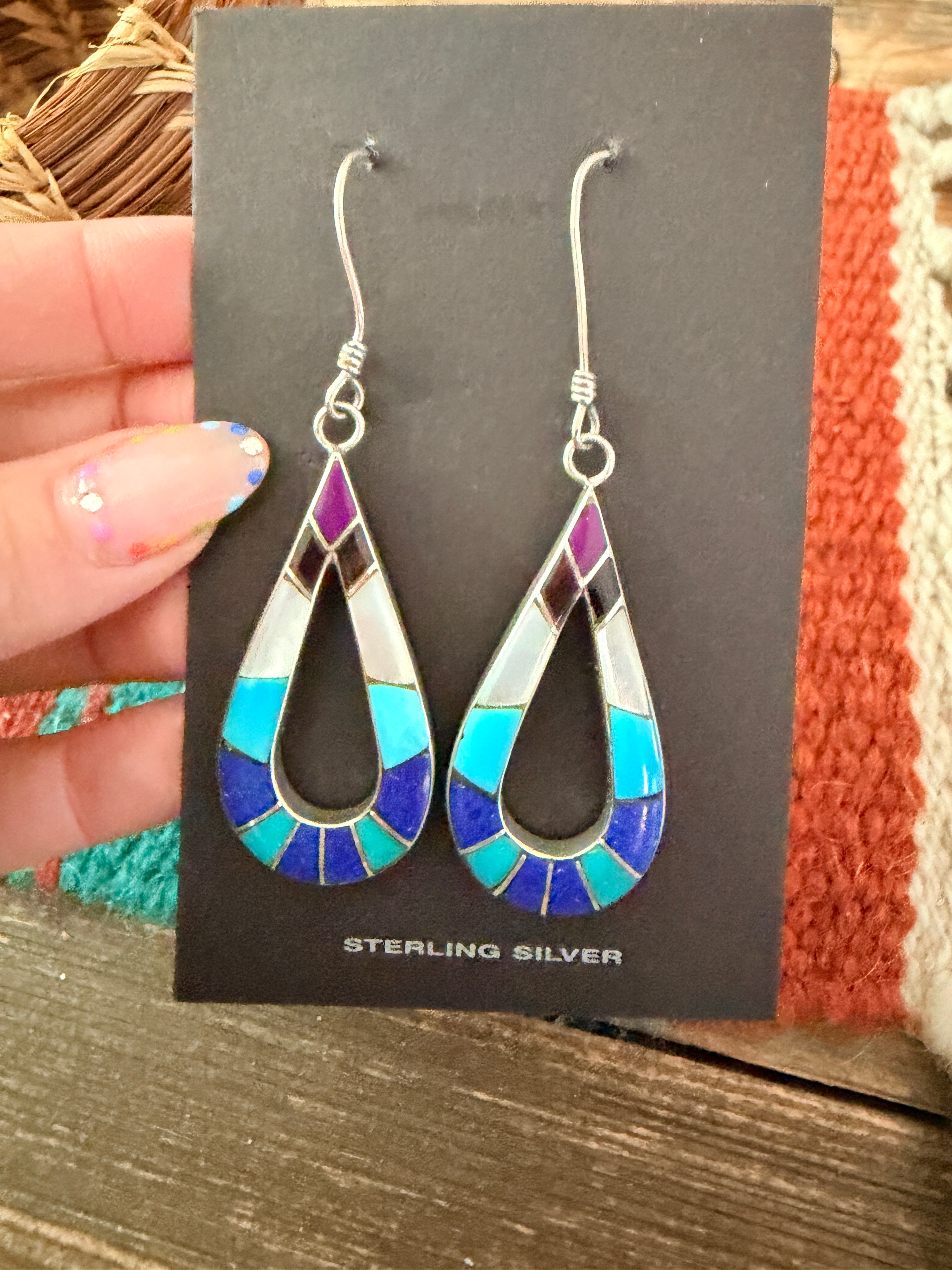 Old Pawn Handcrafted Sterling Silver & Multi Stone Inlay Dangle Earrings