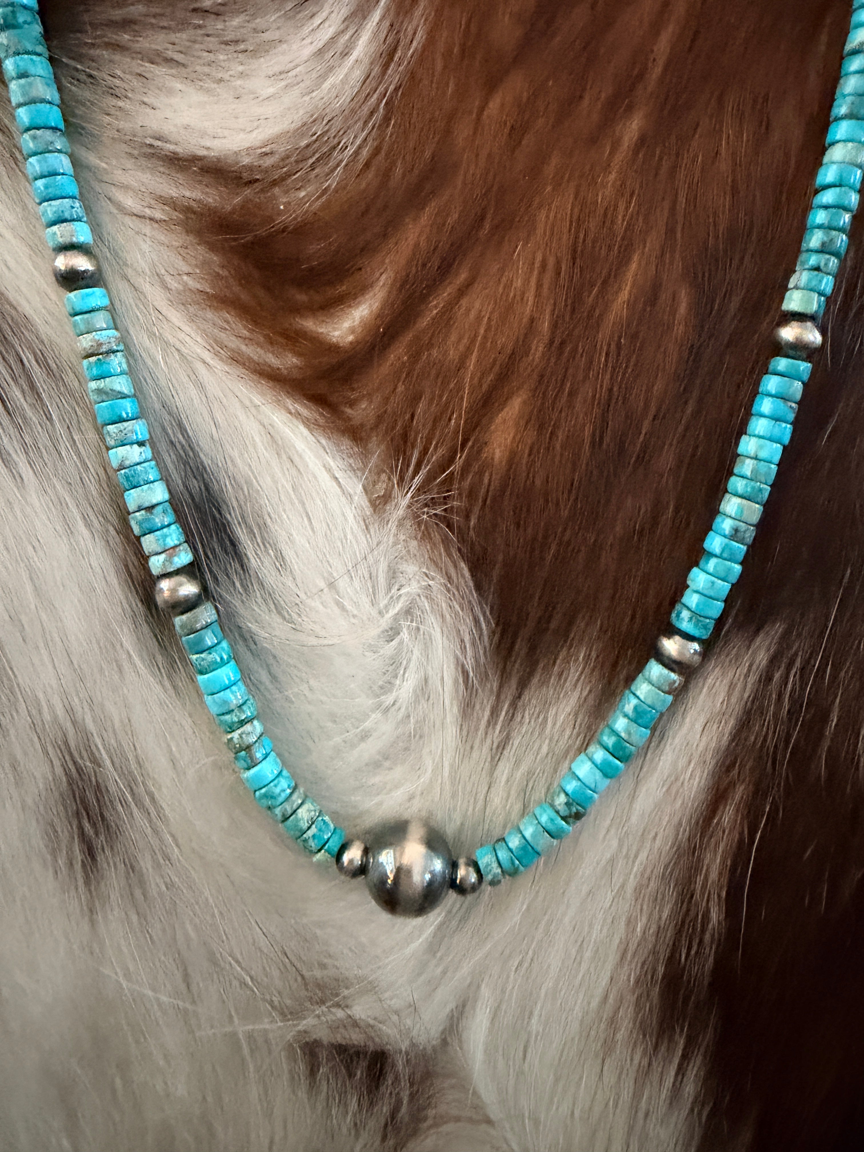 Handmade Sterling Silver & Kingman Turquoise Beaded Necklace