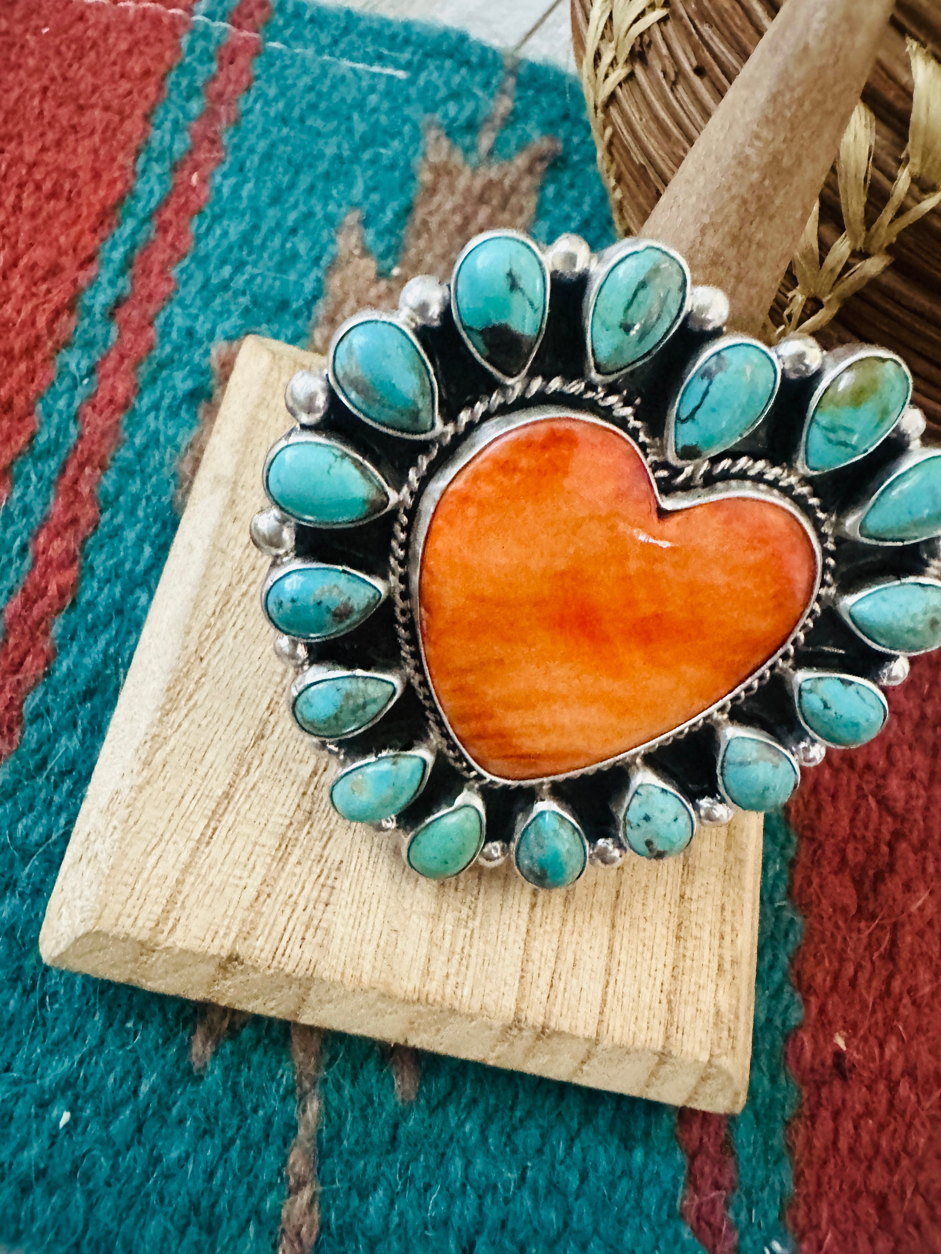 Handcrafted Sterling Silver, Spiny & Turquoise Cluster Adjustable Heart Ring