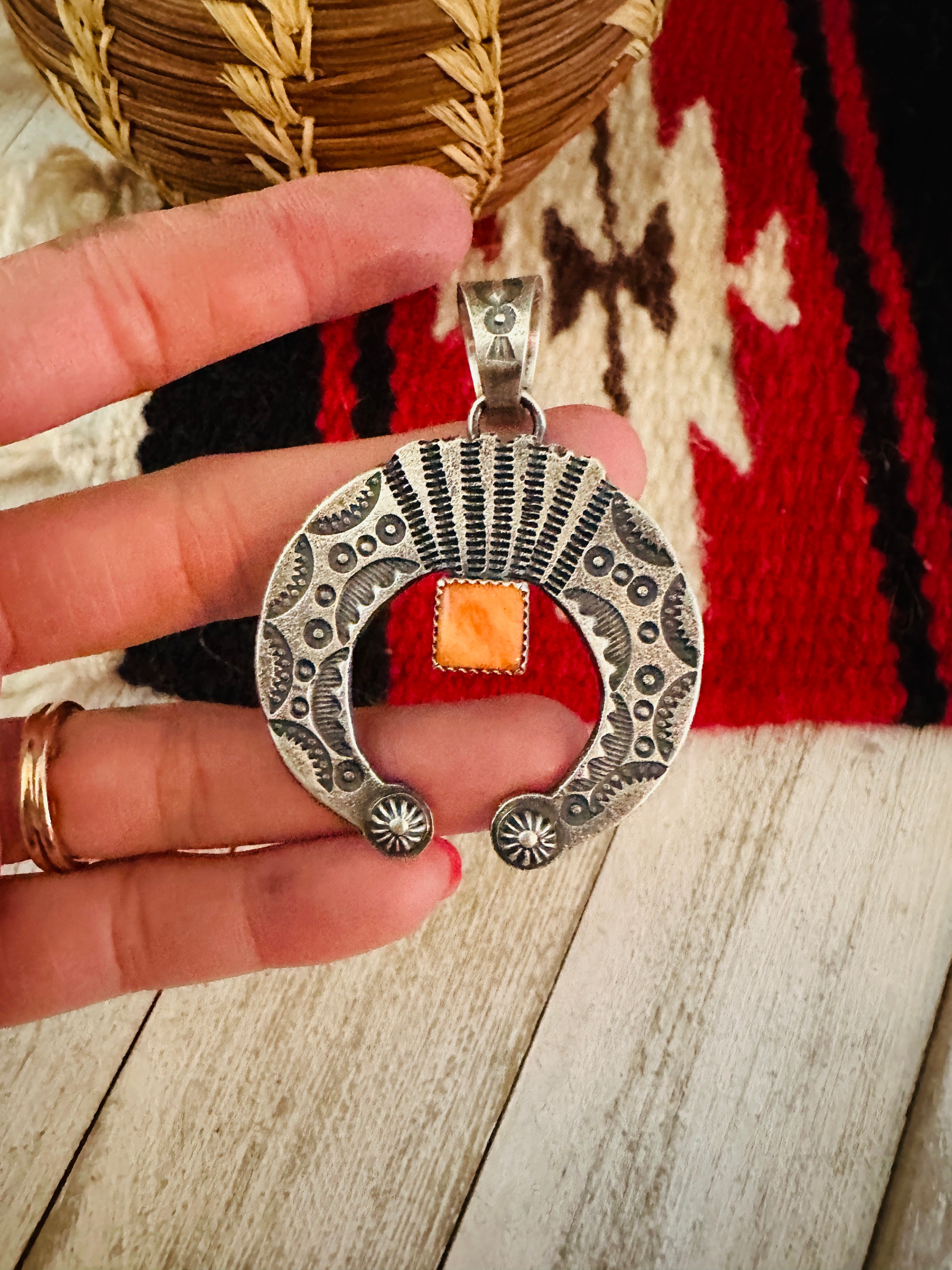 Navajo Sterling Silver & Orange Spiny Naja Pendant by Kevin Billah