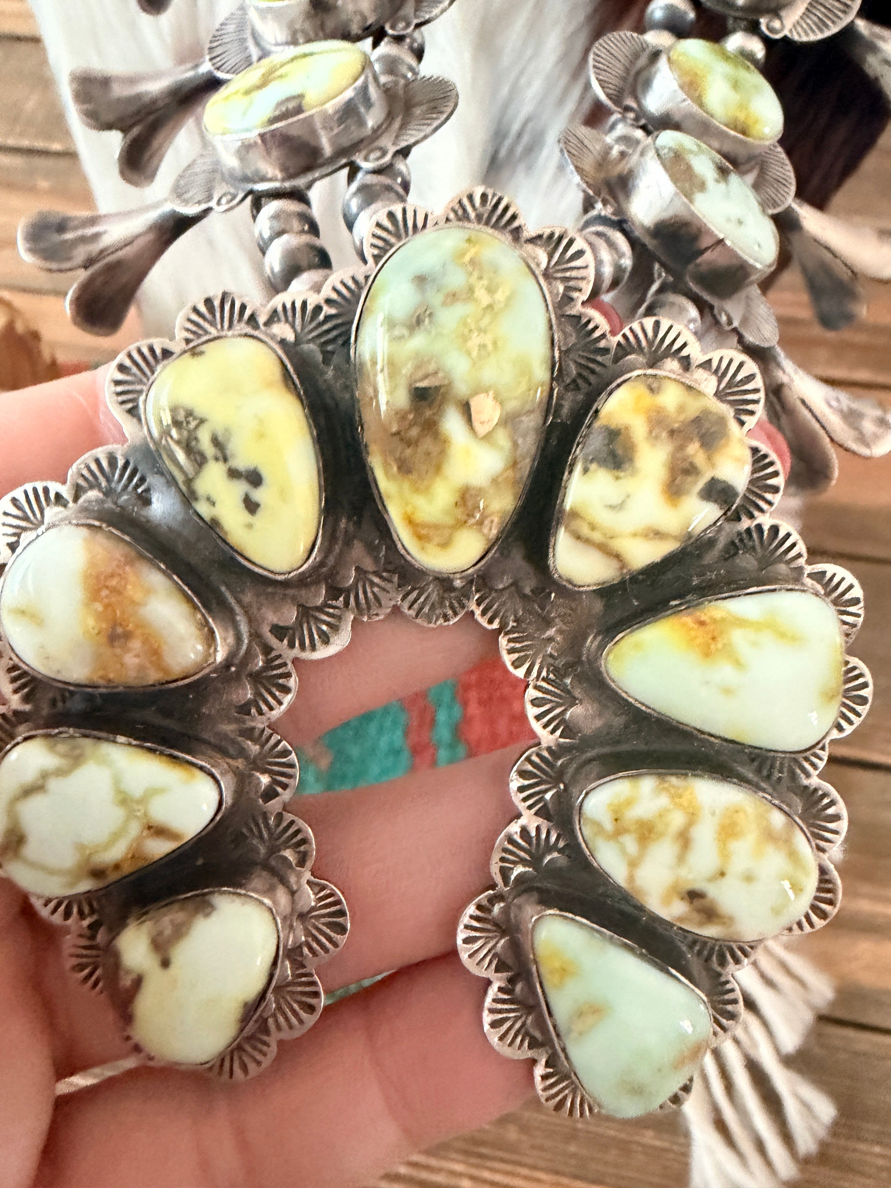 Handcrafted Palomino Turquoise & Sterling Silver Beaded Squash Blossom Necklace Set by Kee Johnson