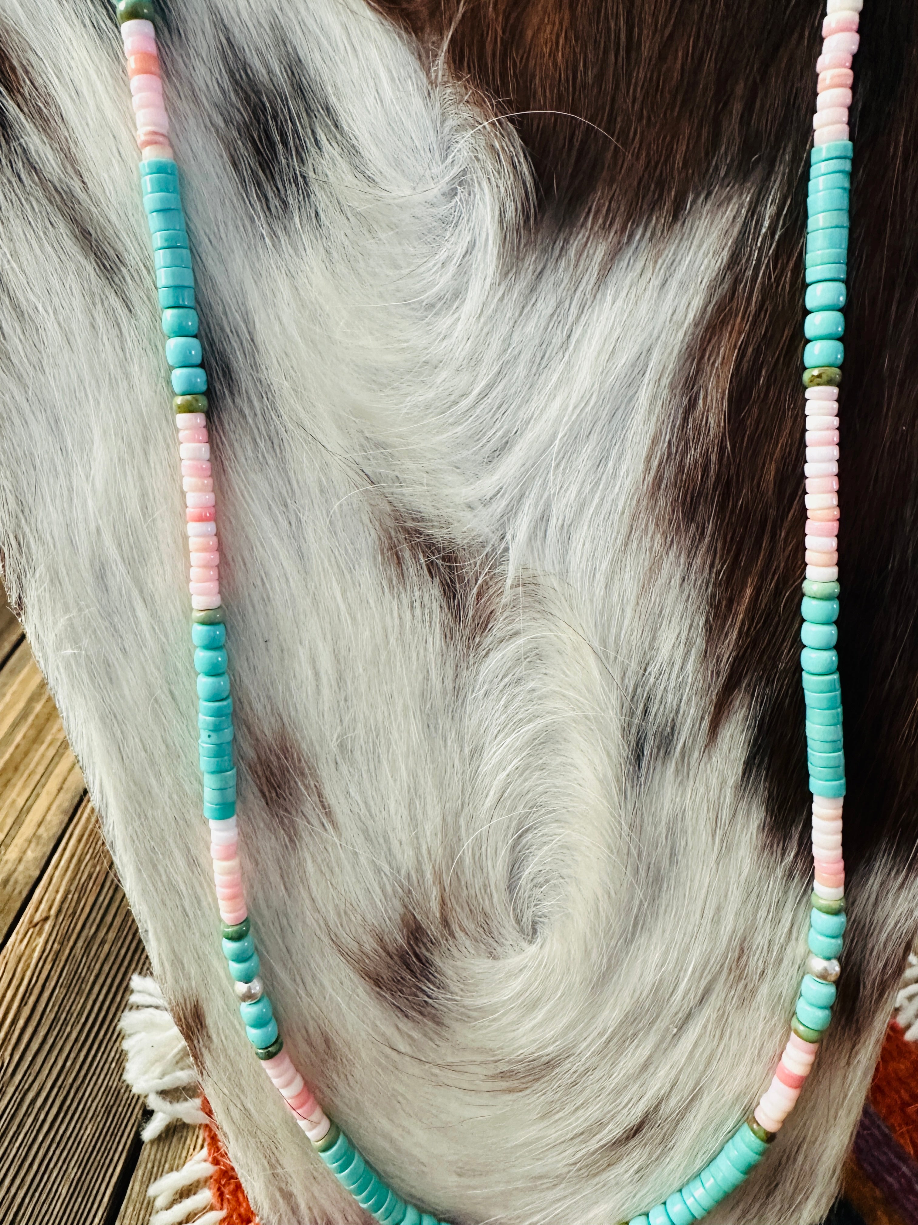 Handcrafted Turquoise, Queen Pink Conch & Sterling Silver 30” Beaded Necklace