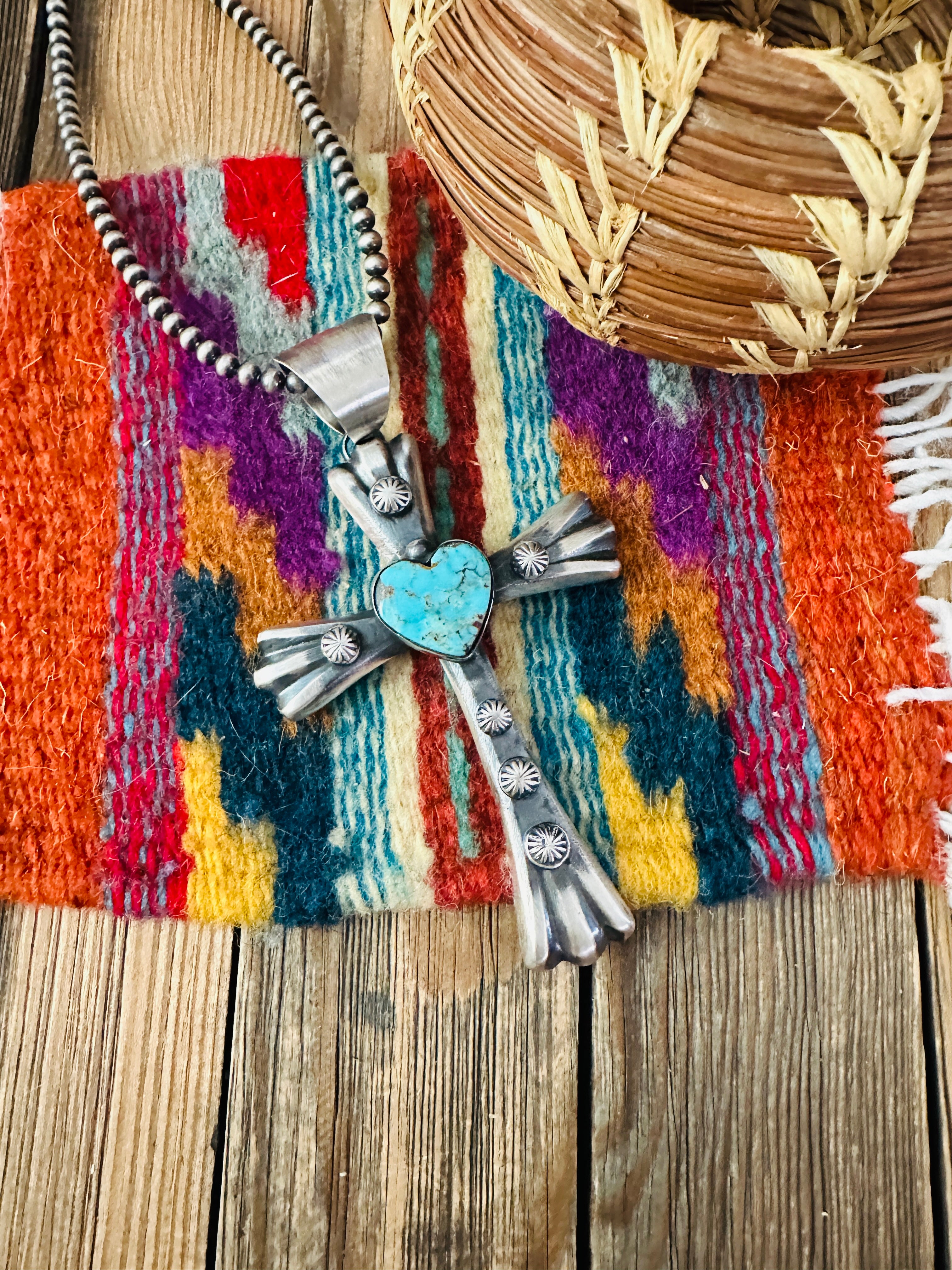 Handcrafted Turquoise & Sterling Silver Heart Cross Pendant by Chimney Butte