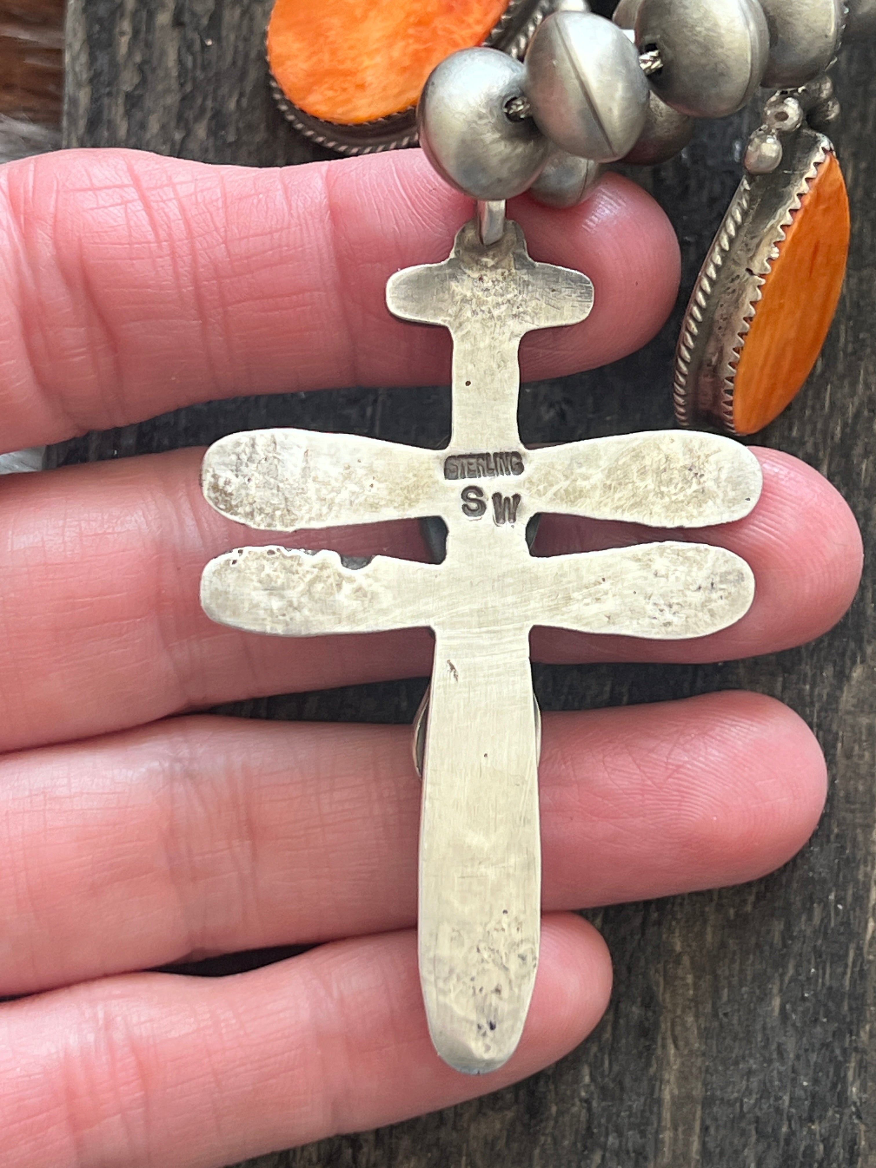 Handcrafted Sterling Silver And Orange Spiny Oyster Shell Dragonfly Bead Necklace by Selena Warner
