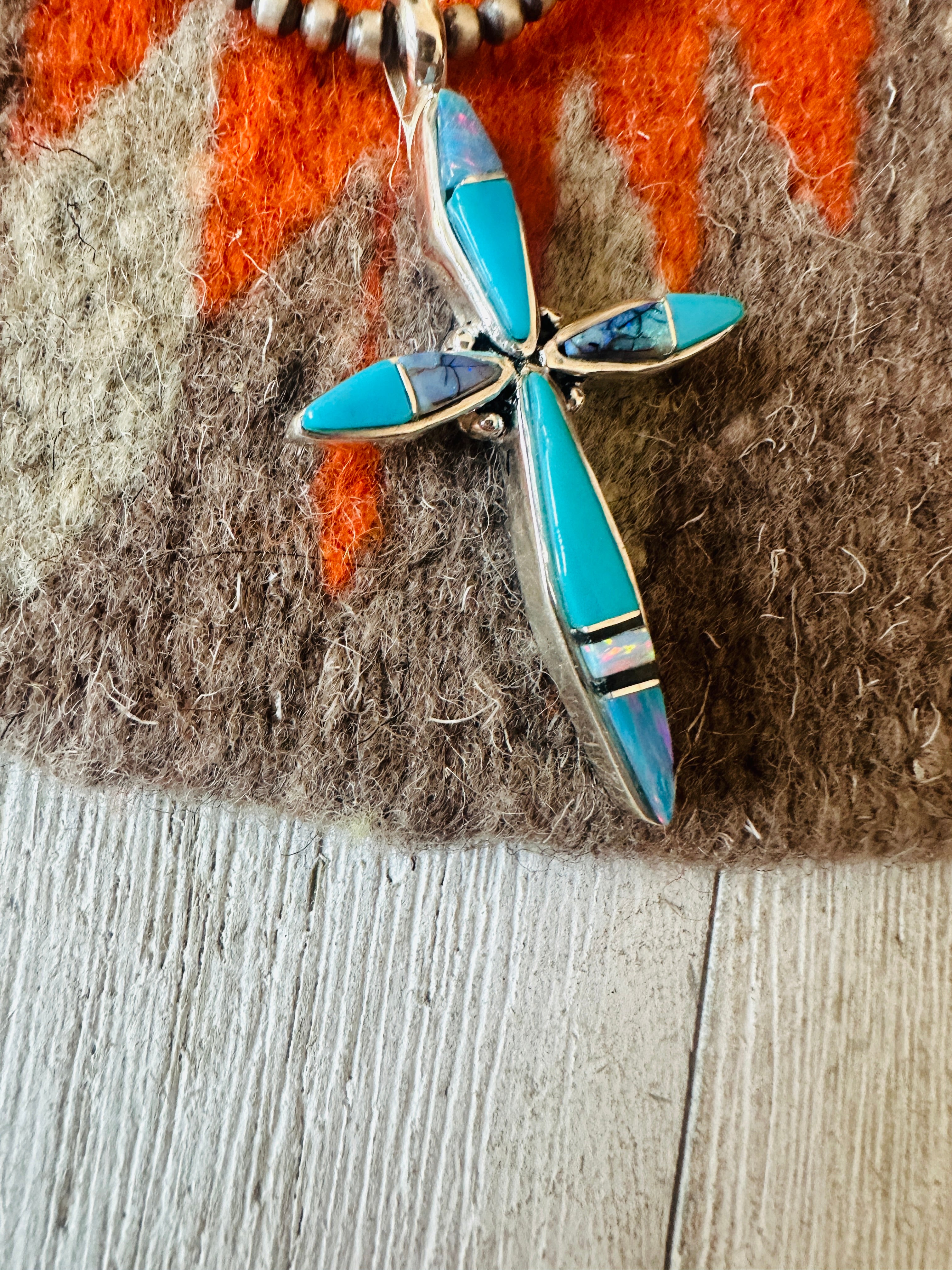 Navajo Multi Stone & Sterling Silver Inlay Cross Pendant