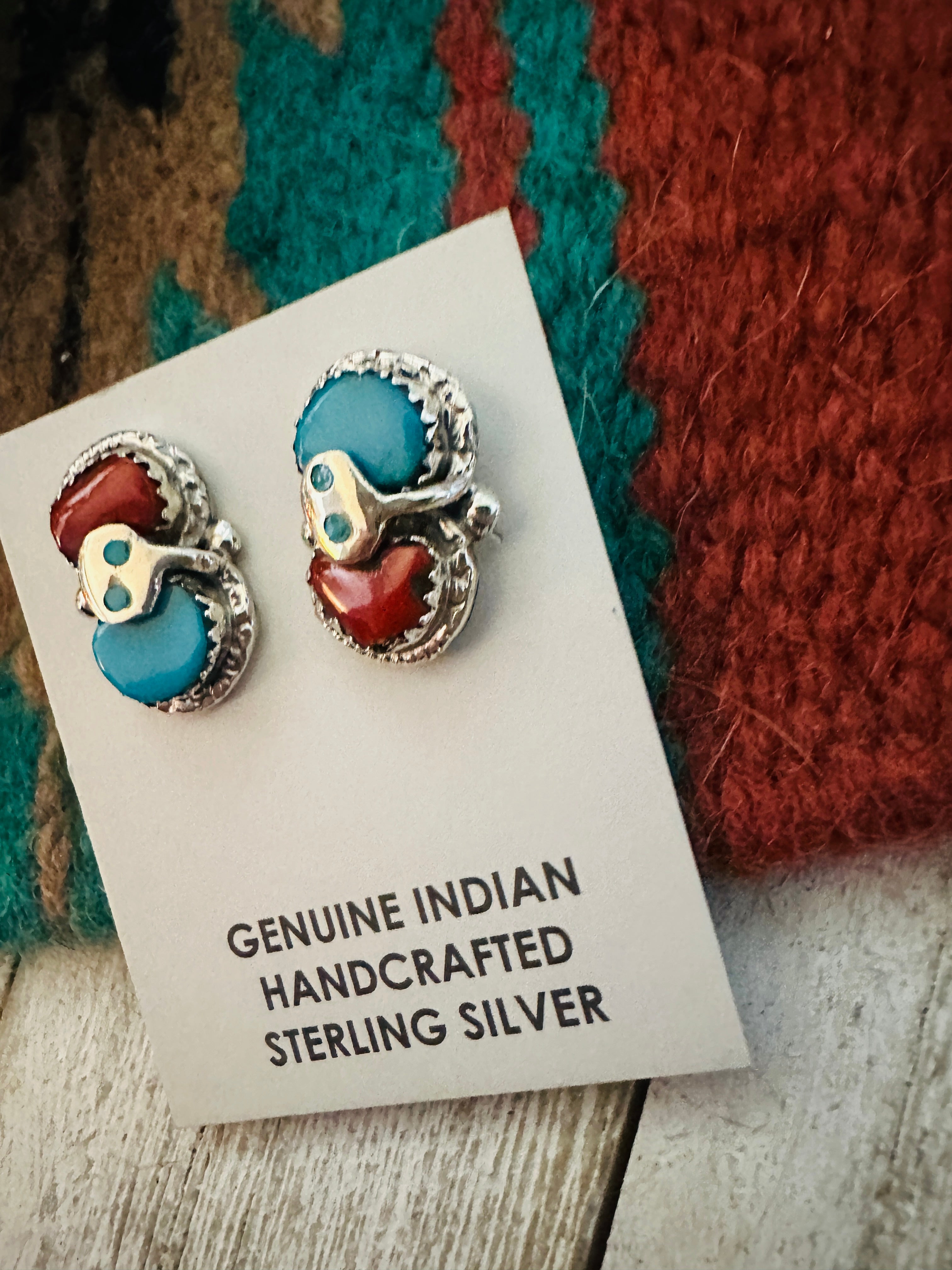 Zuni Sterling Silver, Turquoise & Coral Post Earrings by Effie Calavaza