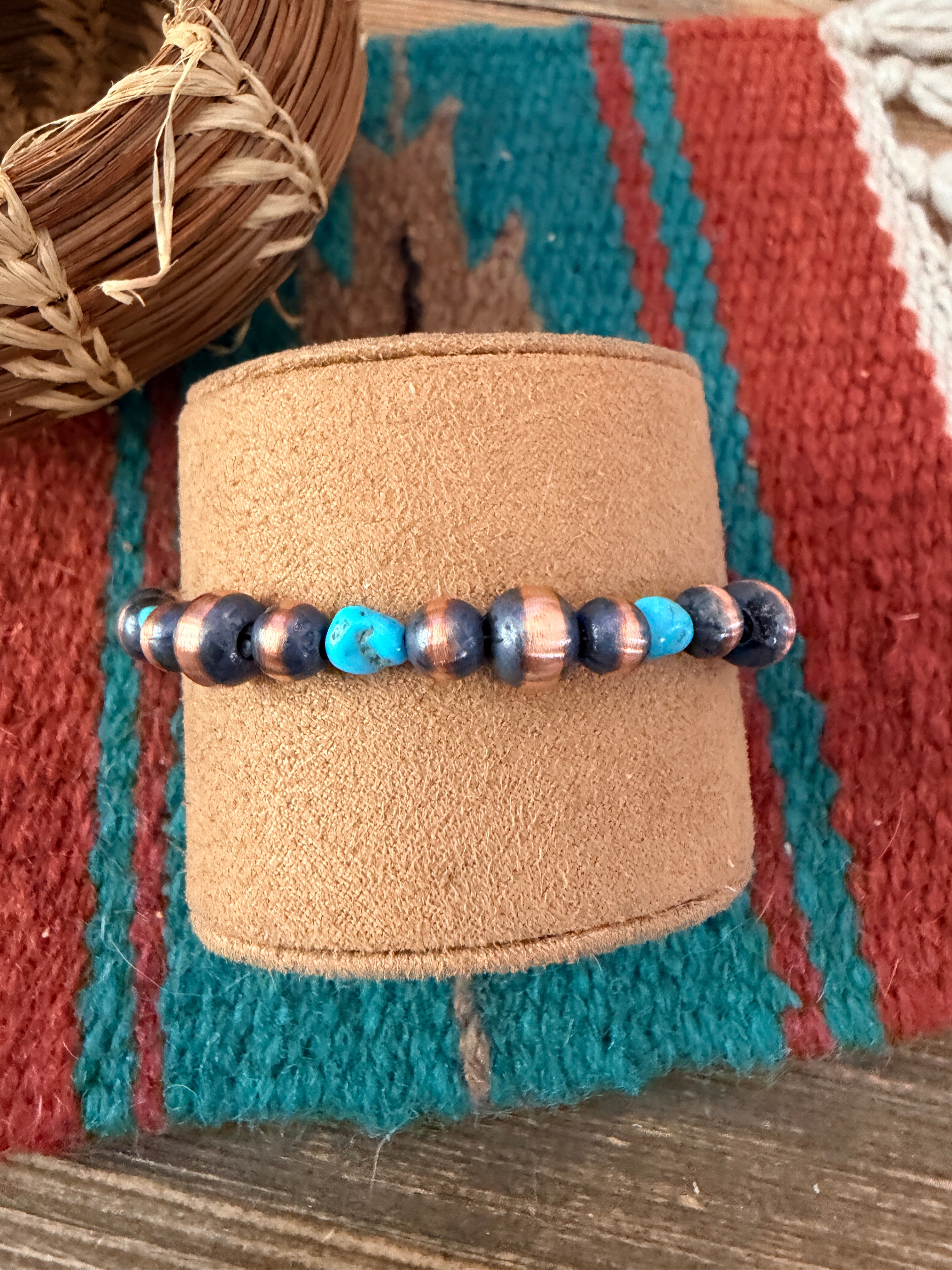 Handcrafted Turquoise & Copper Beaded Bracelet 7”