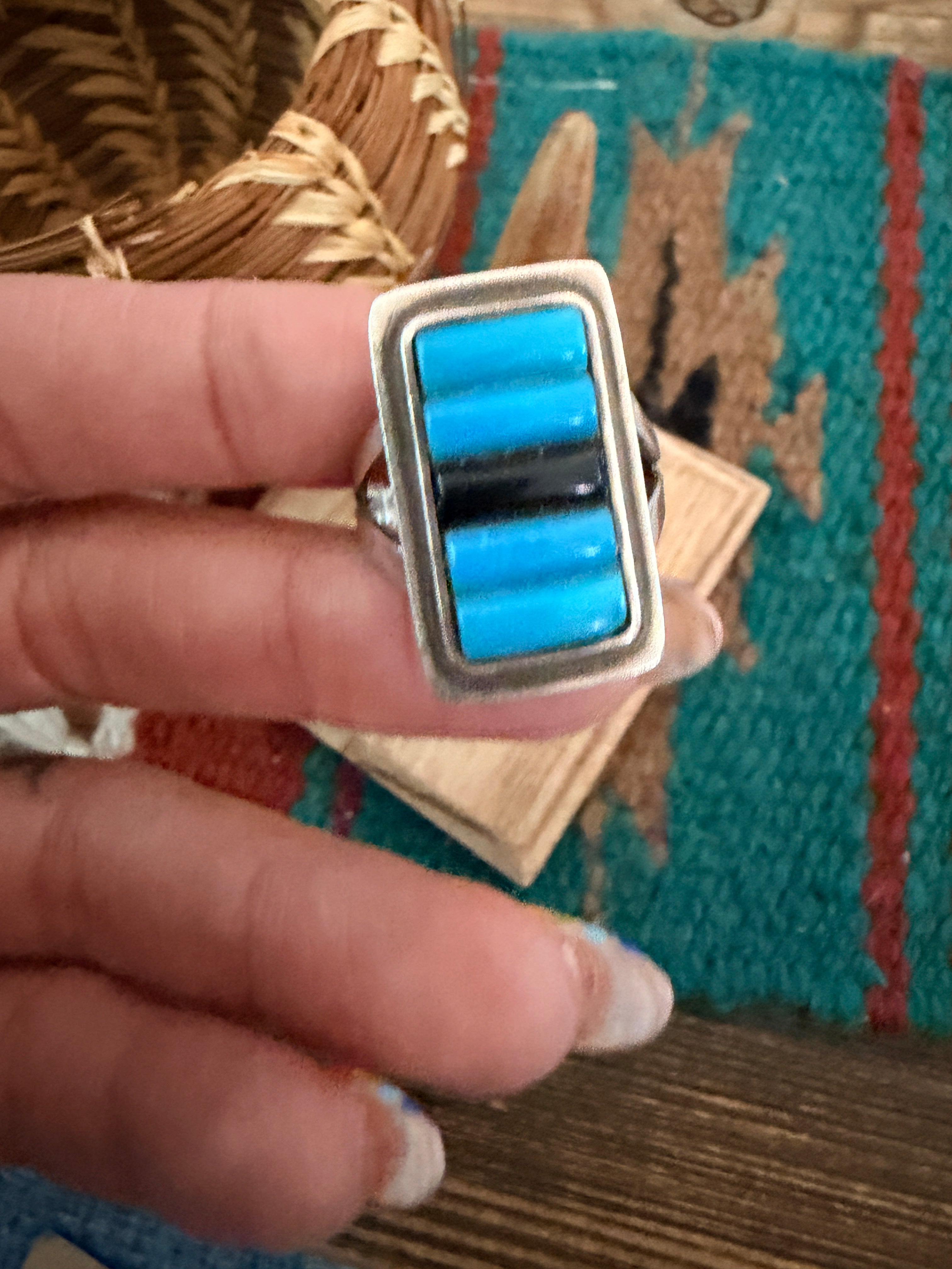 Old Pawn Handcrafted Turquoise, Onyx & Sterling Silver Inlay Ring Size 8.75