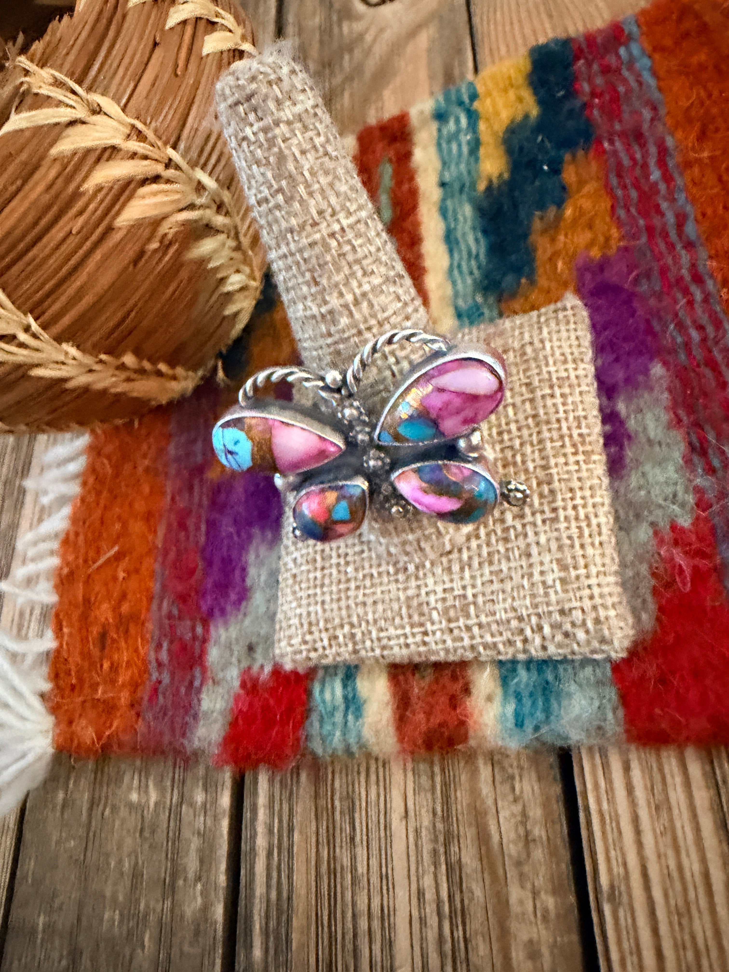 Handcrafted Pink Dream Mojave & Sterling Silver Adjustable Butterfly Ring