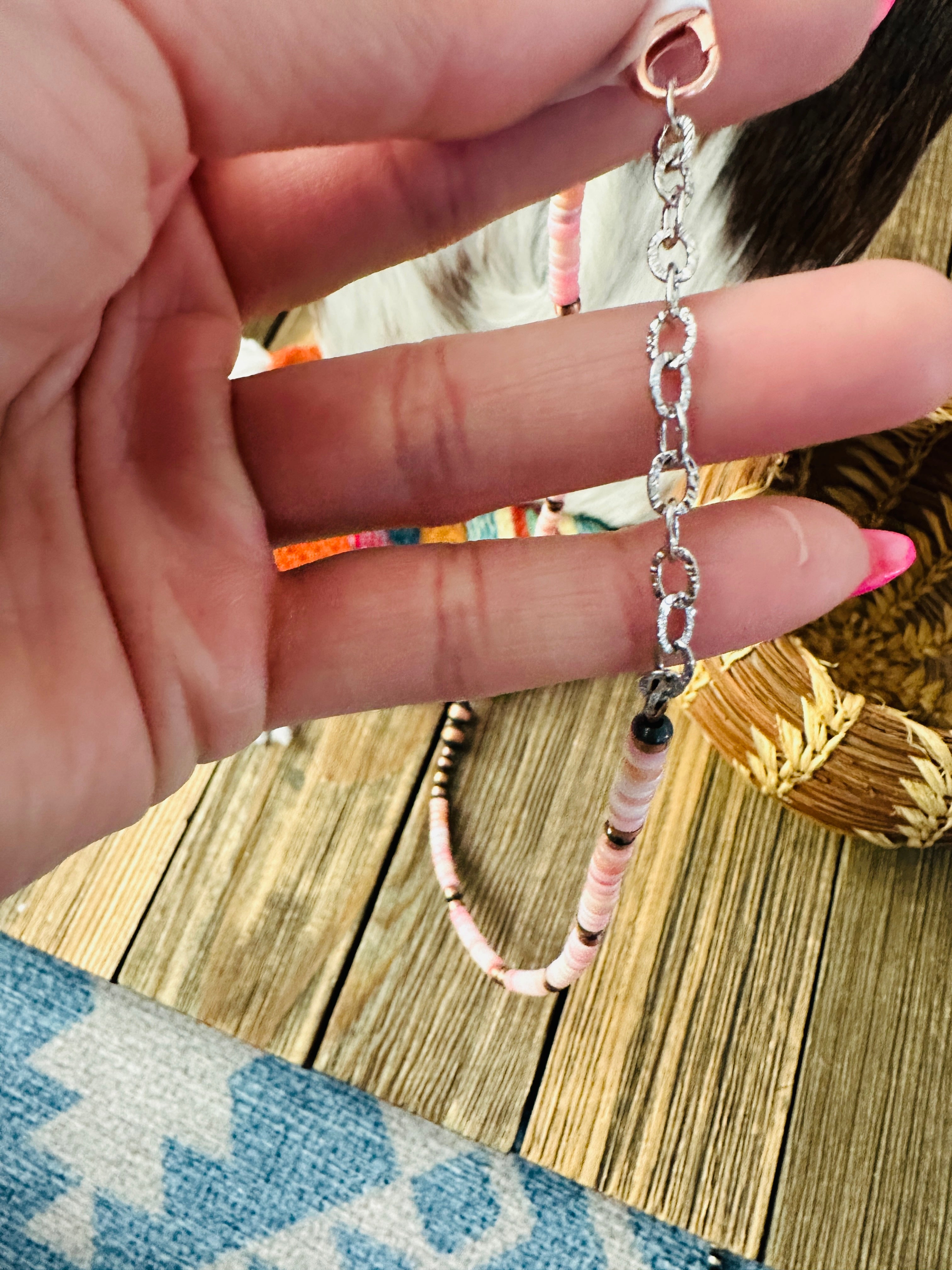 Handcrafted Queen Pink Conch & Copper 16” Beaded Necklace