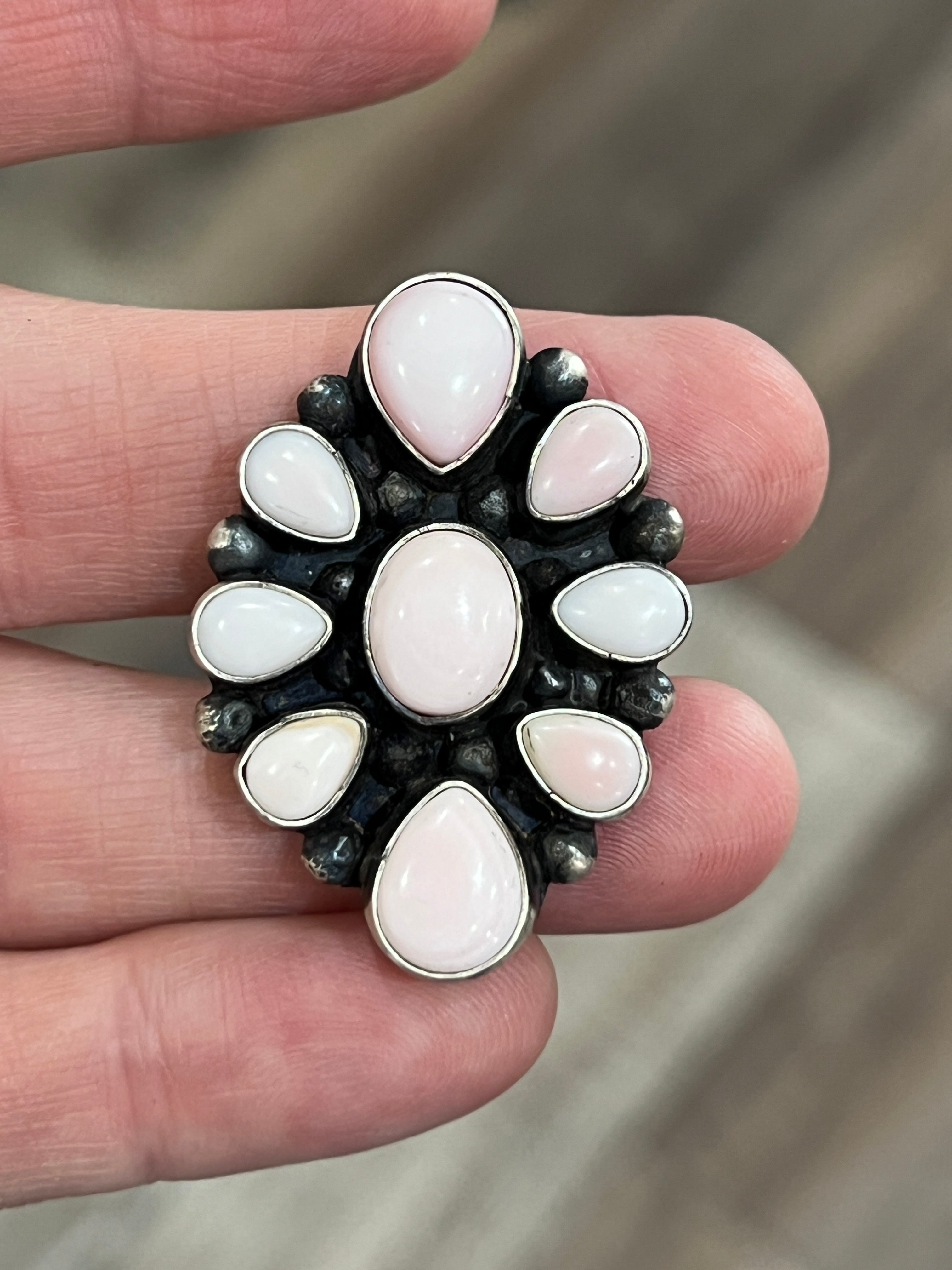 Handcrafted Sterling Silver and Queen Pink Conch Shell Cluster Ring by Travis Jim