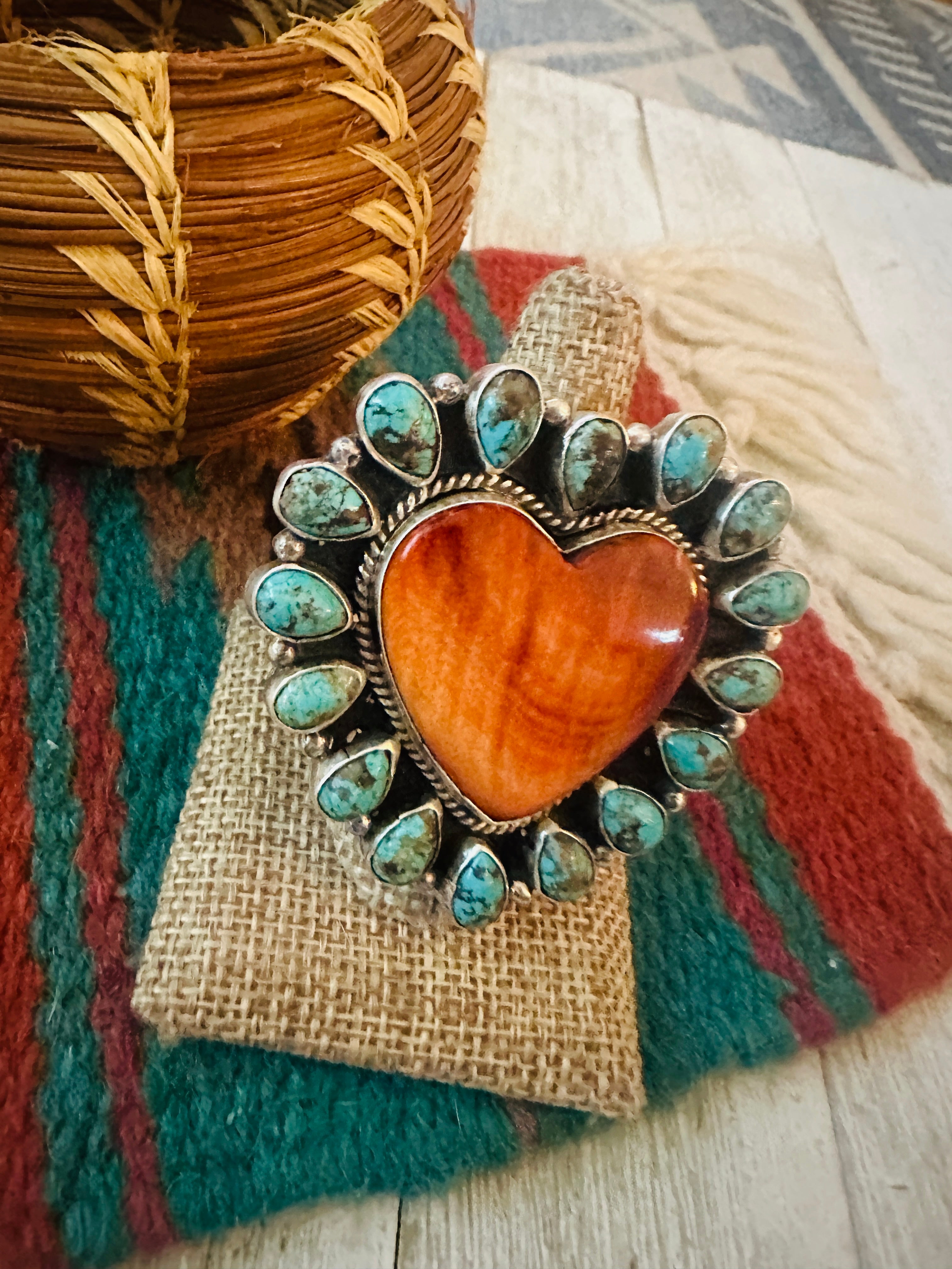 Handcrafted Sterling Silver Spiny & Turquoise Cluster Adjustable Heart Ring