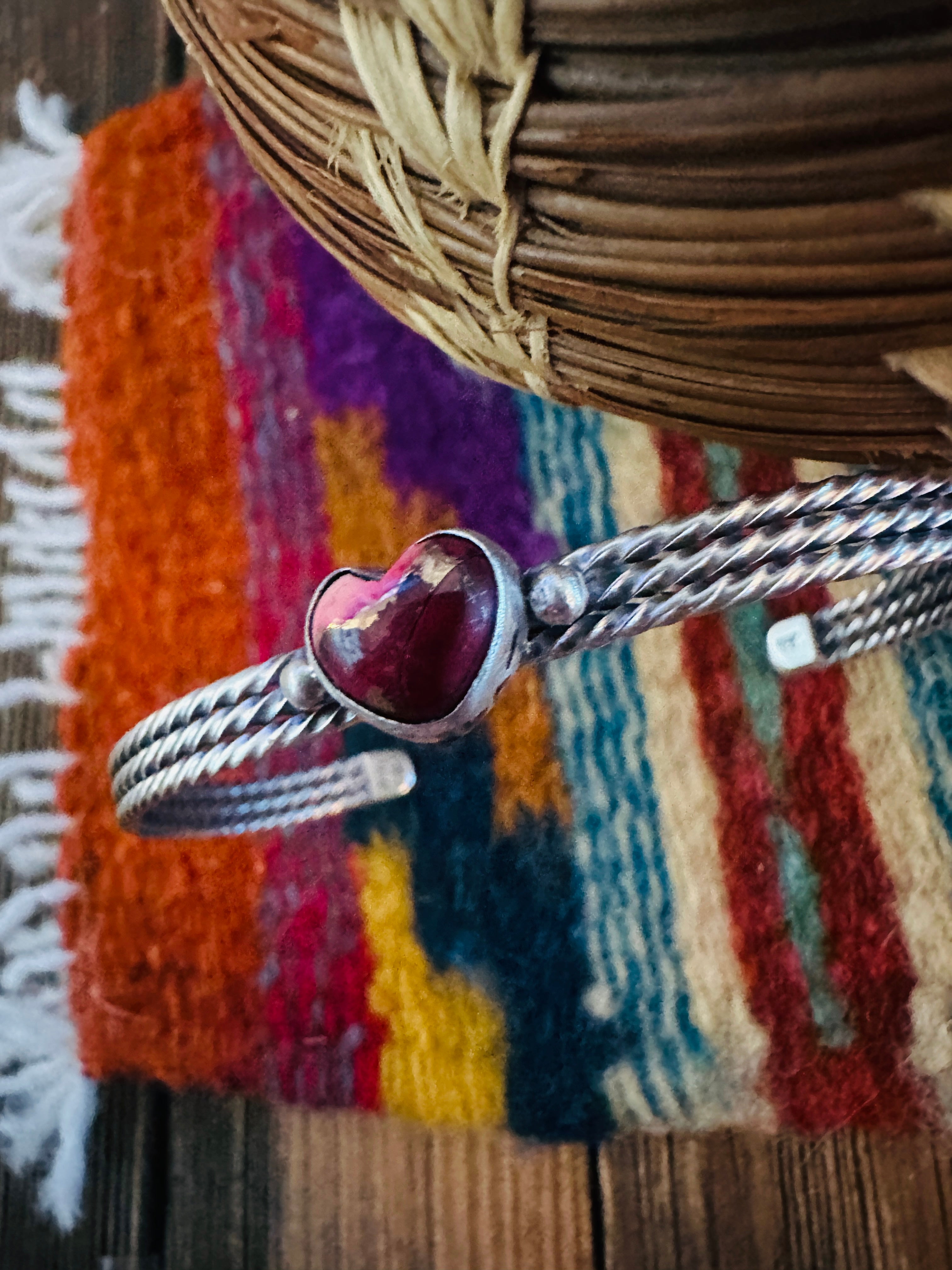 Handcrafted Rose Dahlia & Sterling Silver Heart Cuff Bracelet