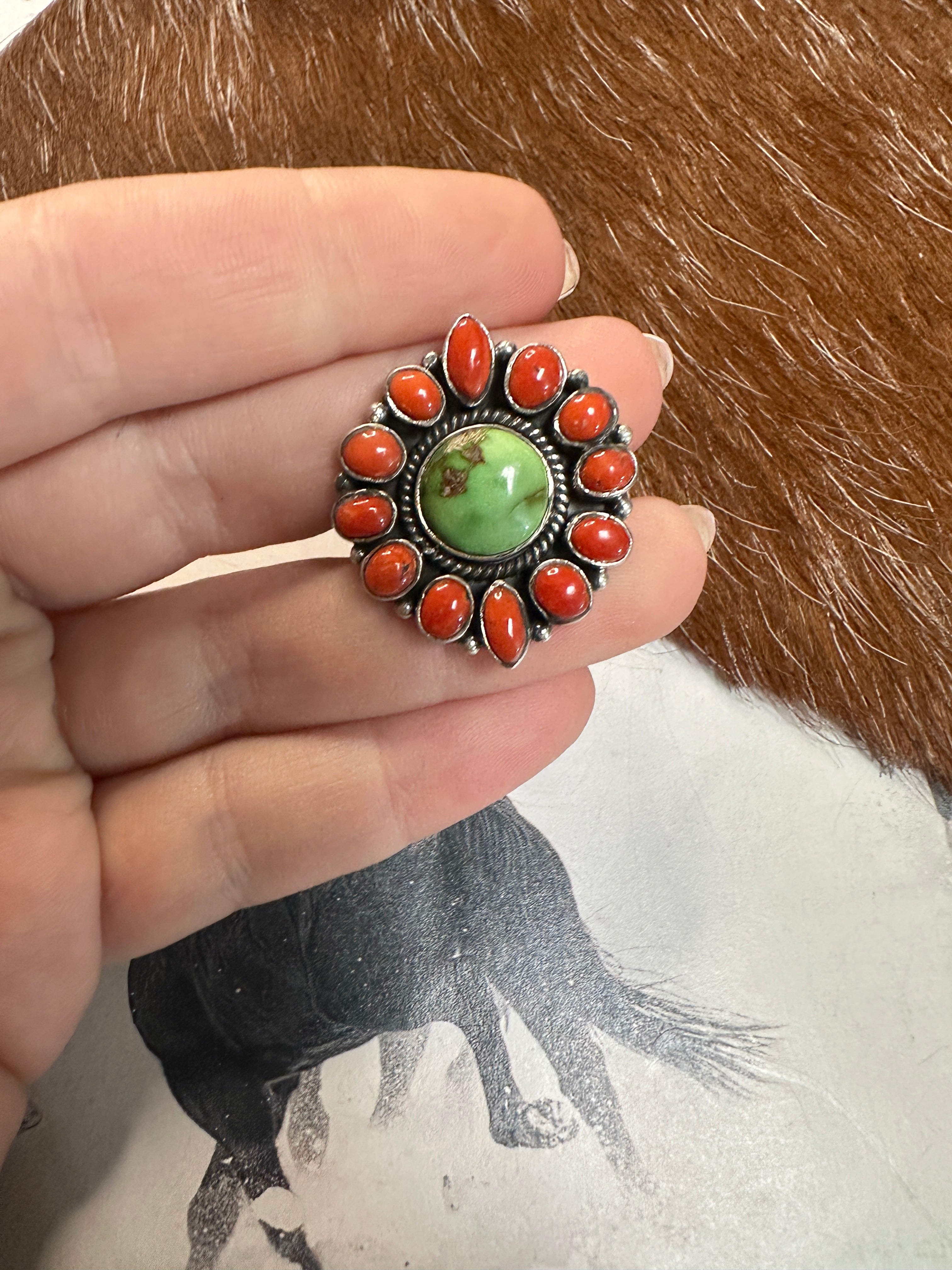 Beautiful Handmade Coral, Sonoran Turquoise And Sterling Silver Adjustable Cluster Ring