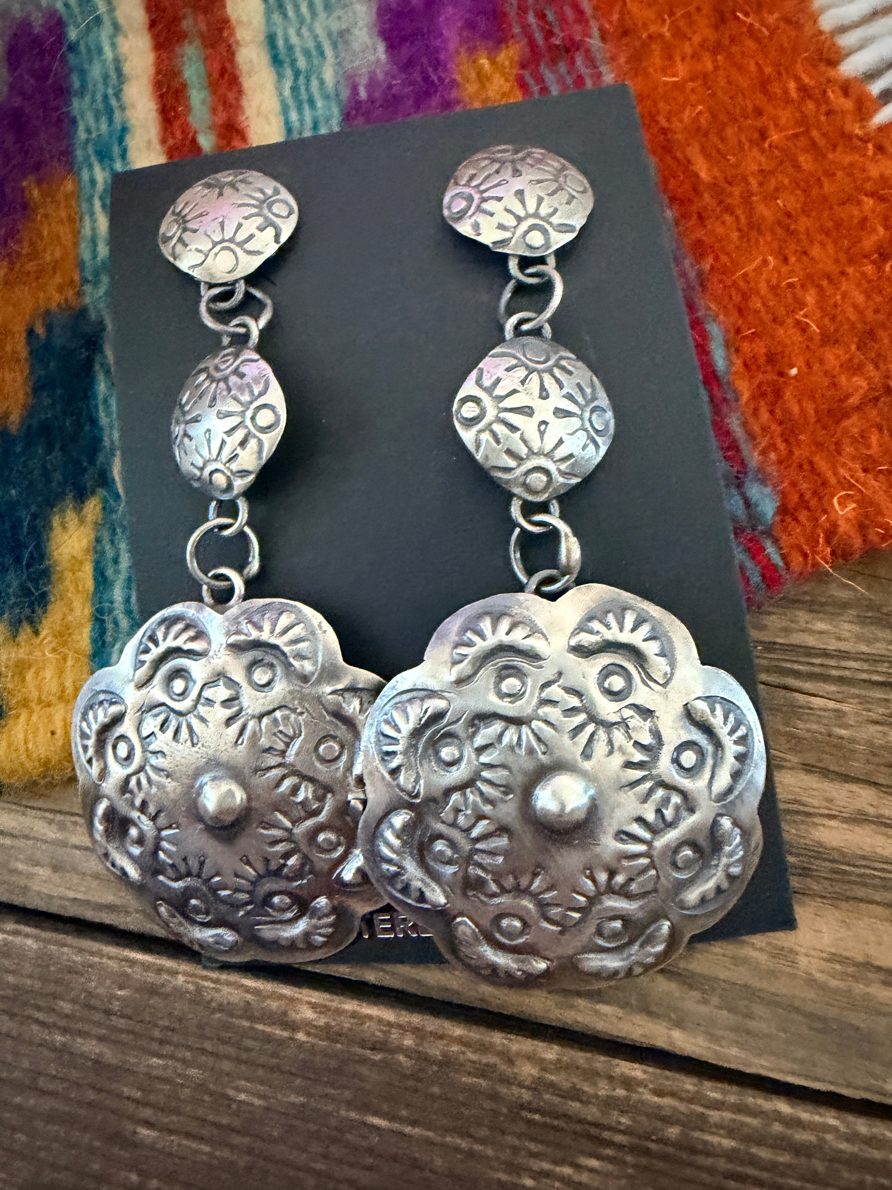 Handcrafted Sterling Silver Concho Dangle Earrings by Gabrielle Yazzie