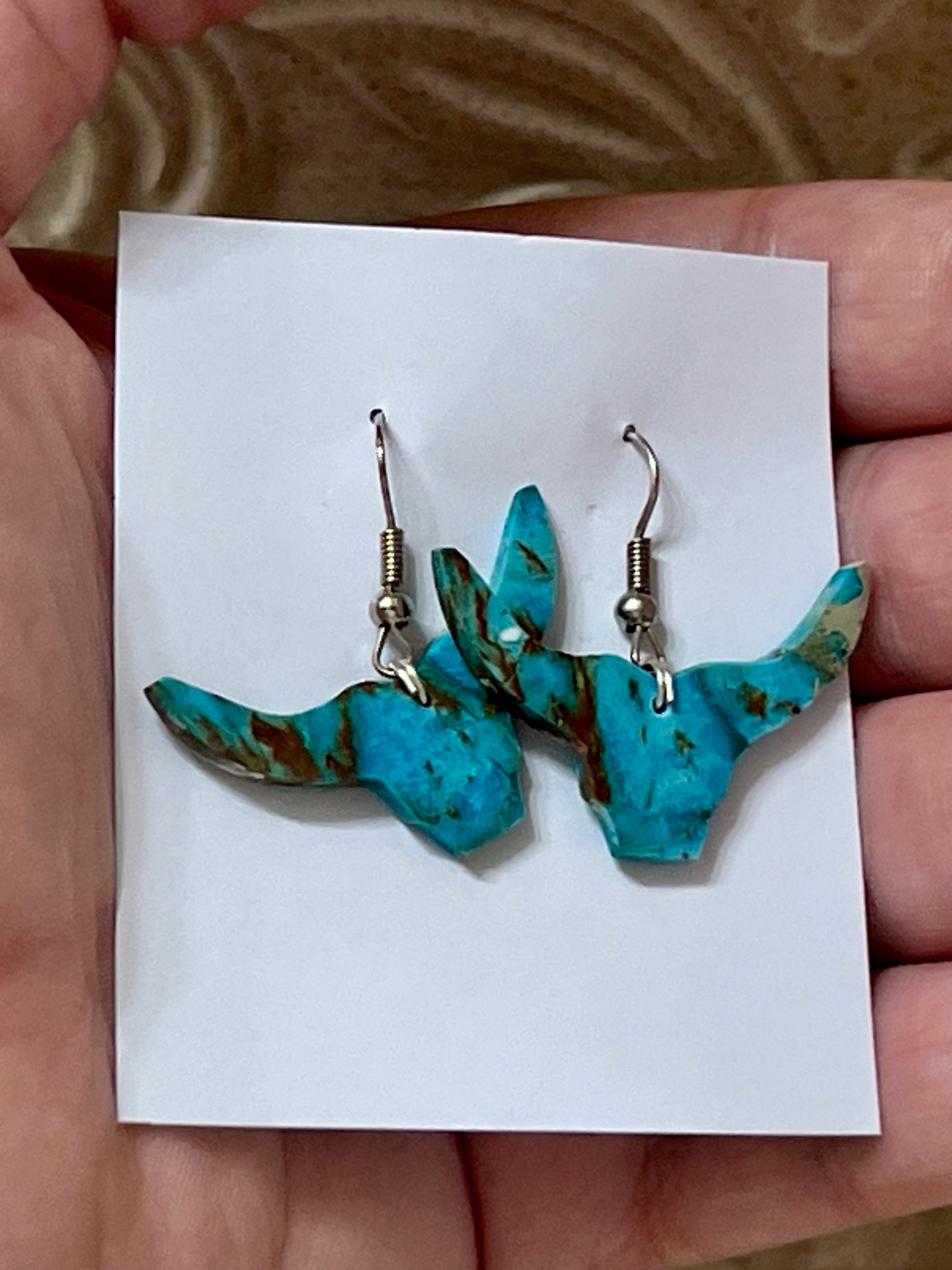Handcrafted Blue Indigo Turquoise & Sterling Silver Bull head Slab Earrings
