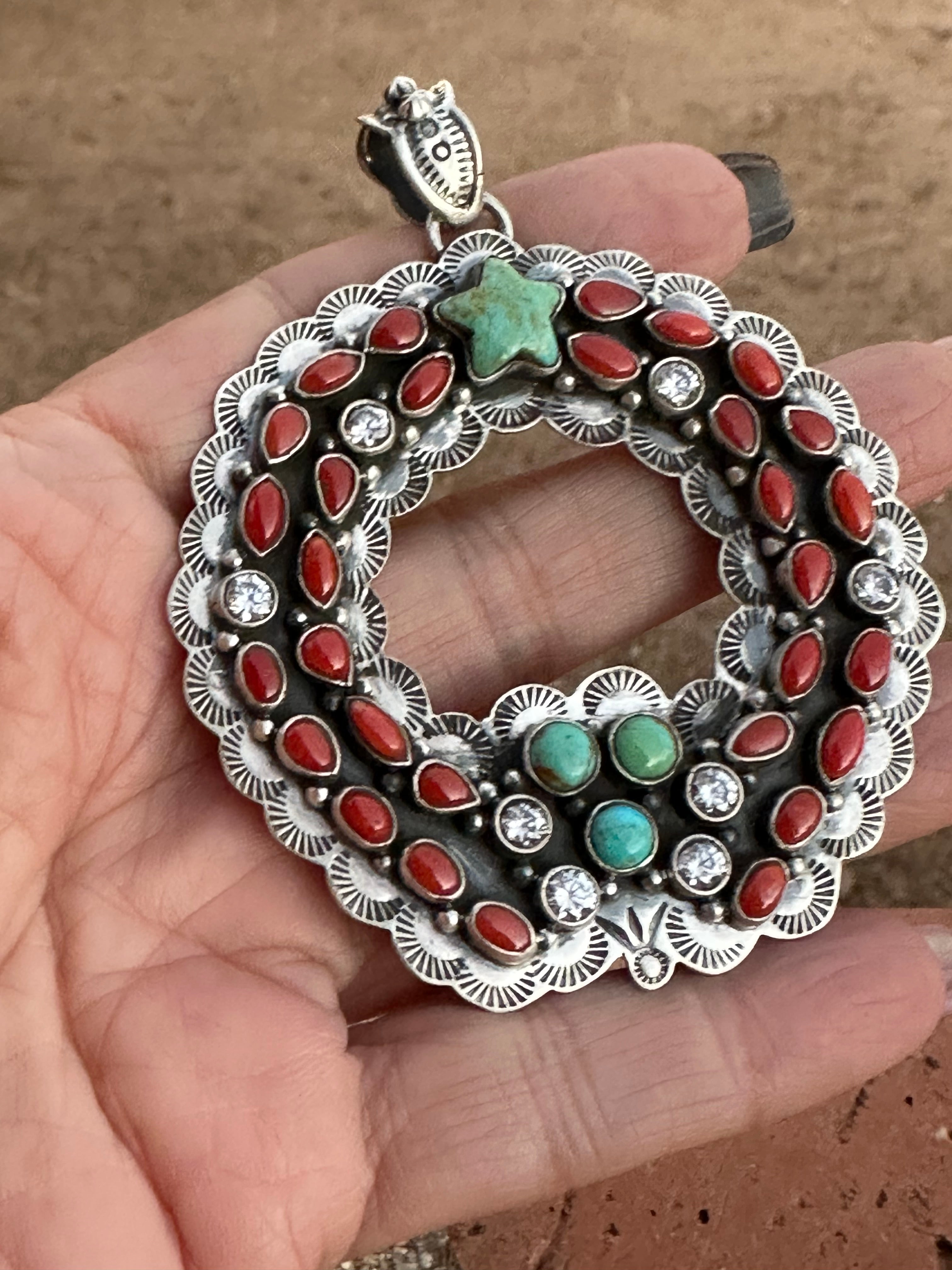 Handmade Sterling Silver, Coral & Kingman Turquoise Christmas Wreath Pendant