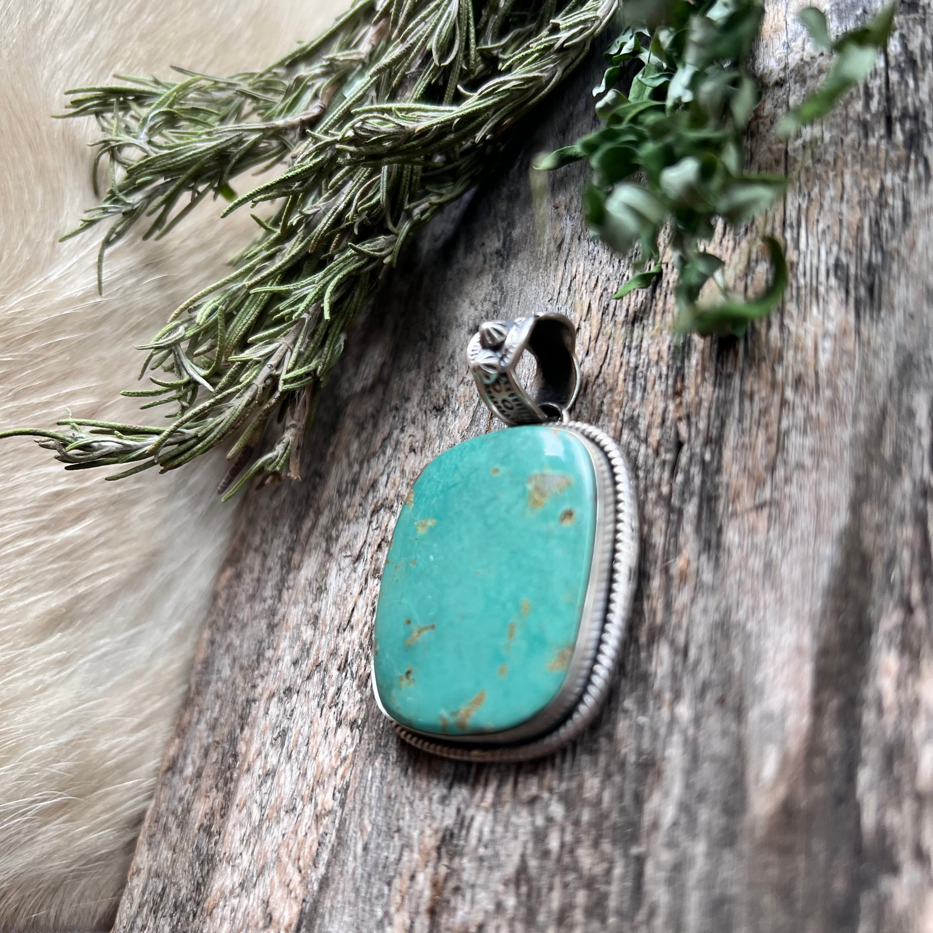 Handmade Green Turquoise Square Sterling Silver Pendant