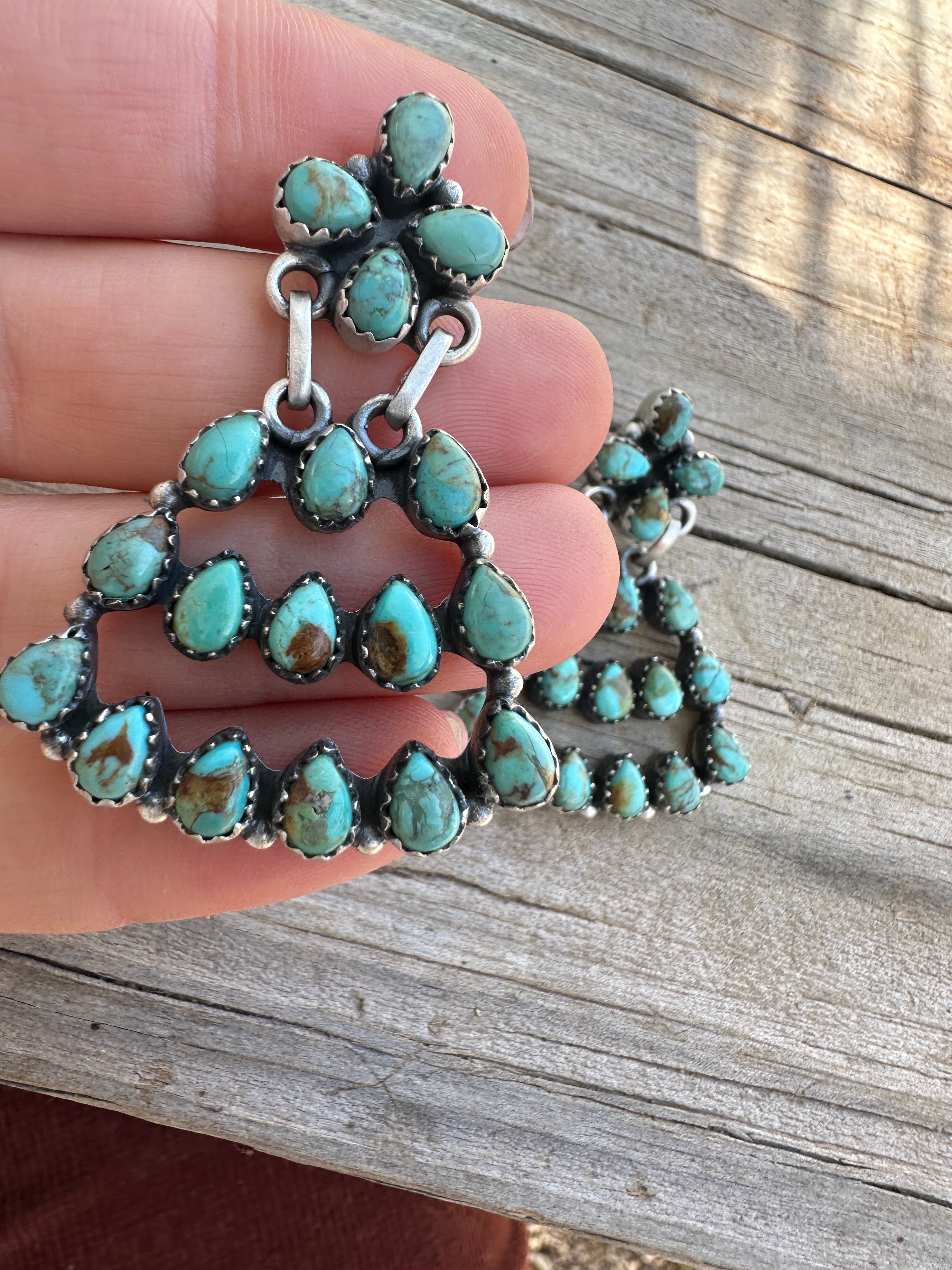 Handmade Sterling Silver & Royston Turquoise Chandelier Dangle Earrings