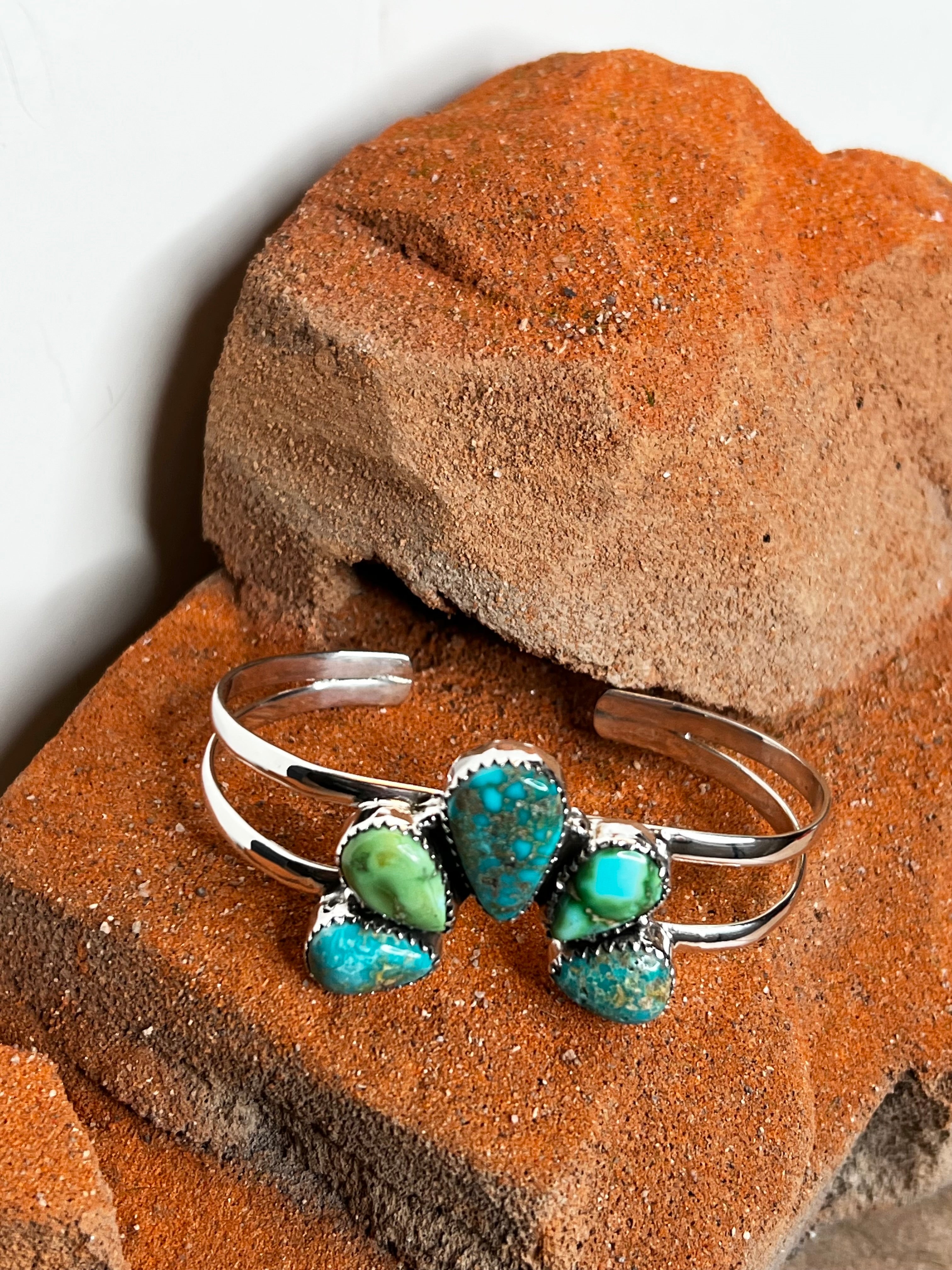 Handmade South Hill & Sonoran Mountain Turquoise Cluster Sterling Silver Cuff Bracelet