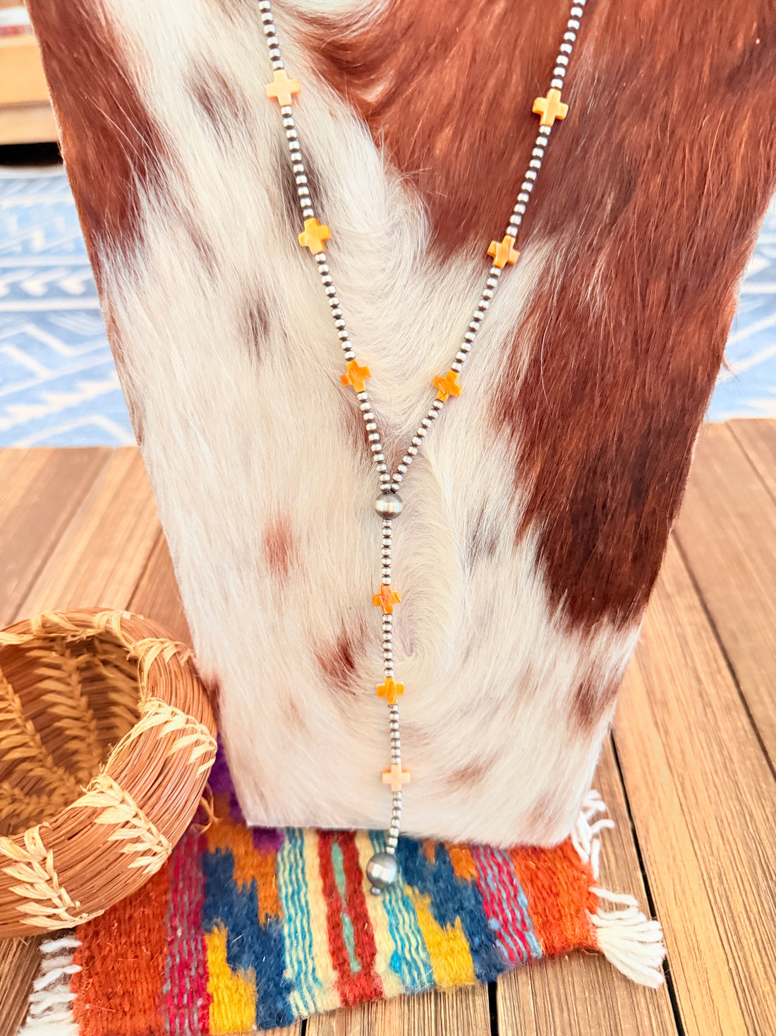 Handcrafted Spiny Oyster & Sterling Silver Pearl 20” Beaded Lariat Necklace