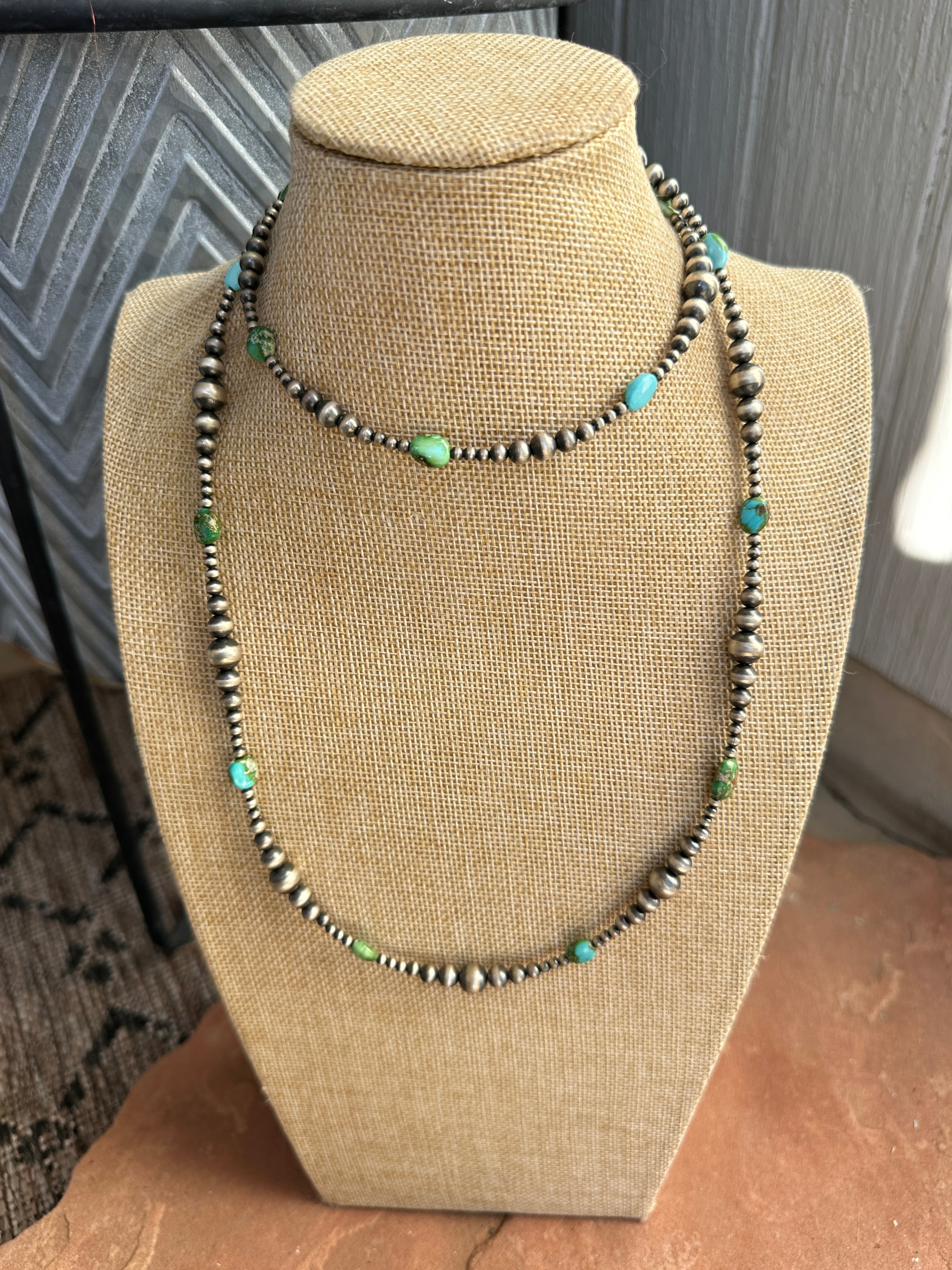 Handmade Sterling Silver & Sonoran Mountain Turquoise Beaded 37 Inch Necklace